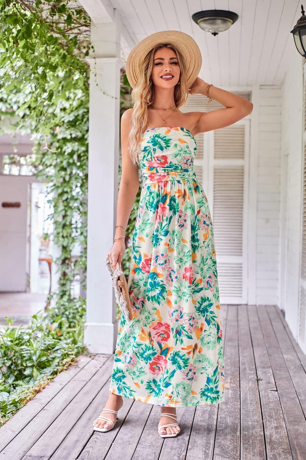 imageGRACE KARIN Women Strapless Dress Casual Loose Ruched Long Maxi Dress with PocketsGreen Floral