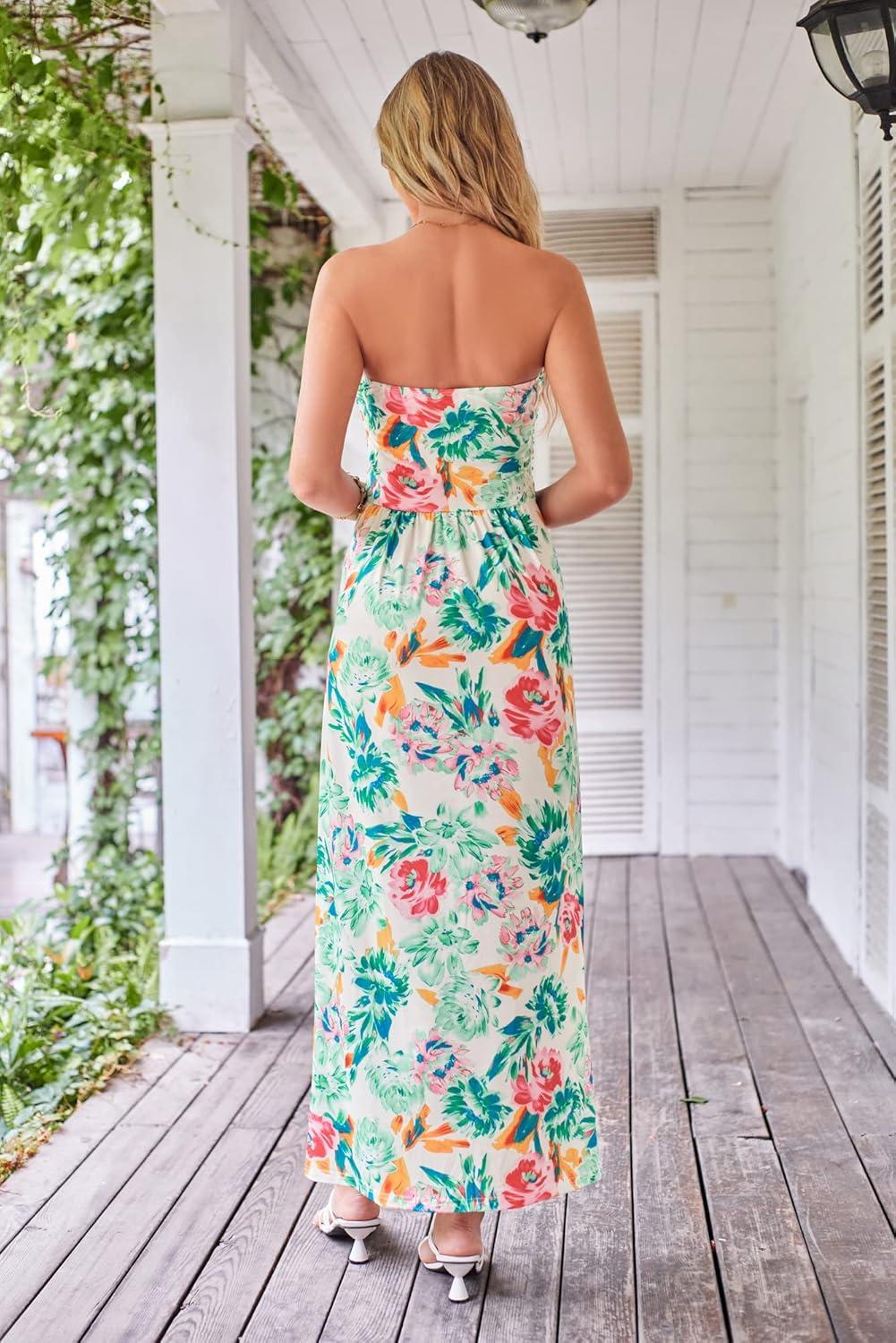 imageGRACE KARIN Women Strapless Dress Casual Loose Ruched Long Maxi Dress with PocketsGreen Floral