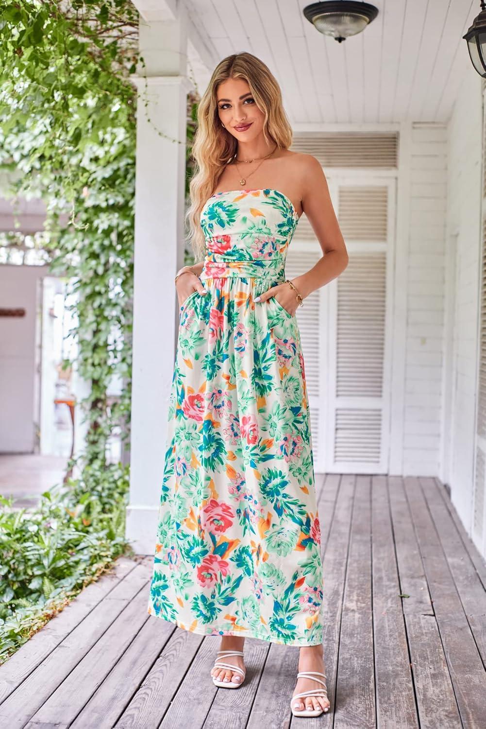 imageGRACE KARIN Women Strapless Dress Casual Loose Ruched Long Maxi Dress with PocketsGreen Floral