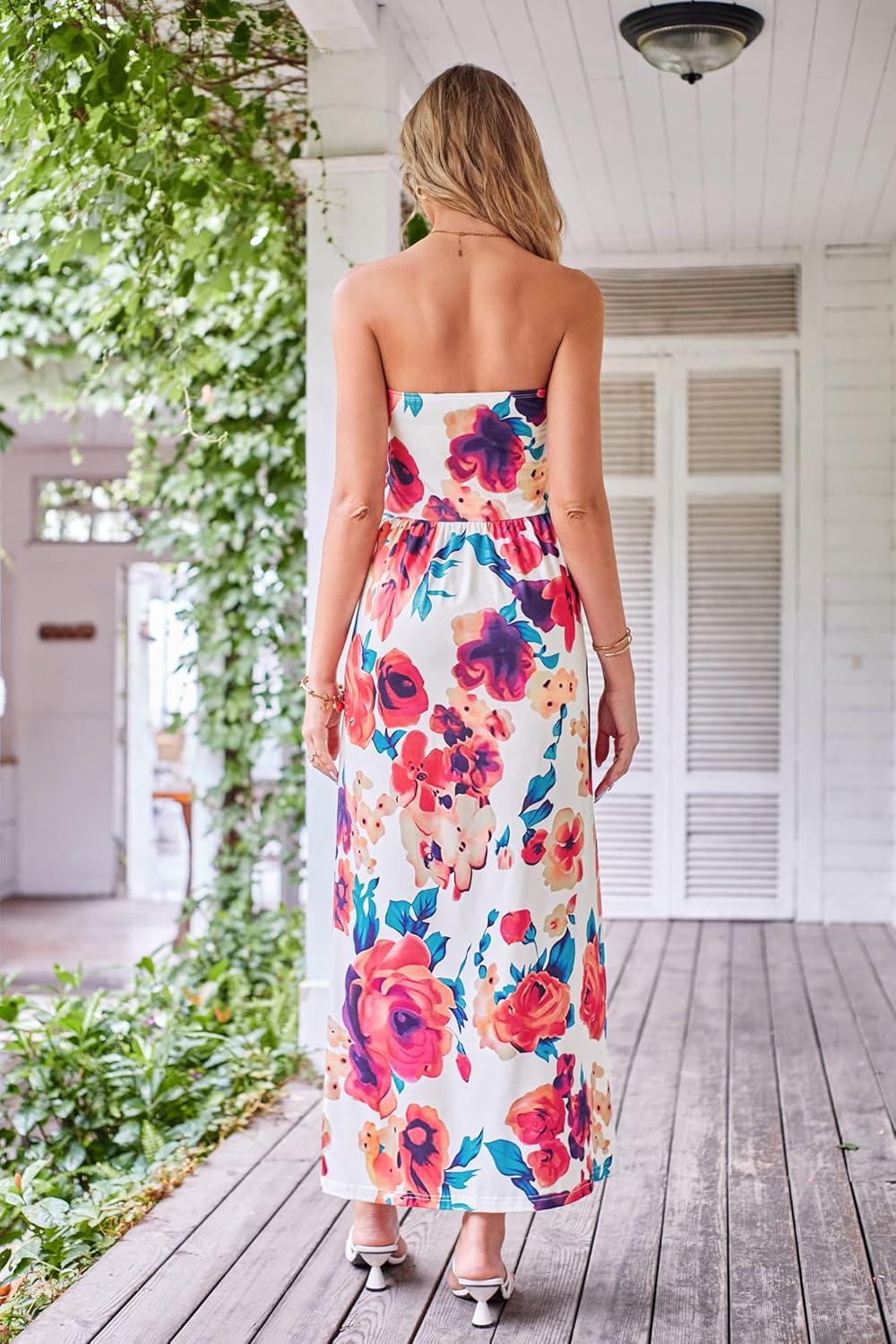 imageGRACE KARIN Women Strapless Dress Casual Loose Ruched Long Maxi Dress with PocketsMulticolor Floral