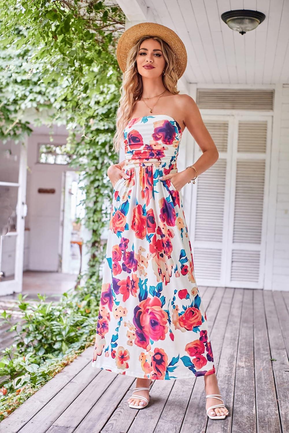 imageGRACE KARIN Women Strapless Dress Casual Loose Ruched Long Maxi Dress with PocketsMulticolor Floral