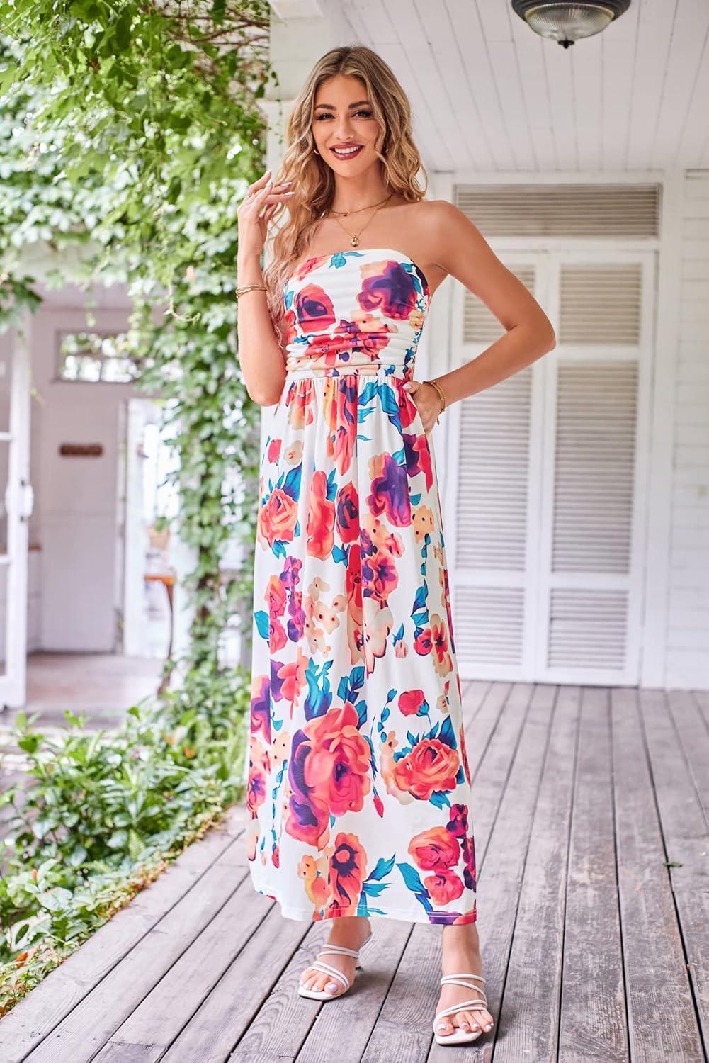 imageGRACE KARIN Women Strapless Dress Casual Loose Ruched Long Maxi Dress with PocketsMulticolor Floral