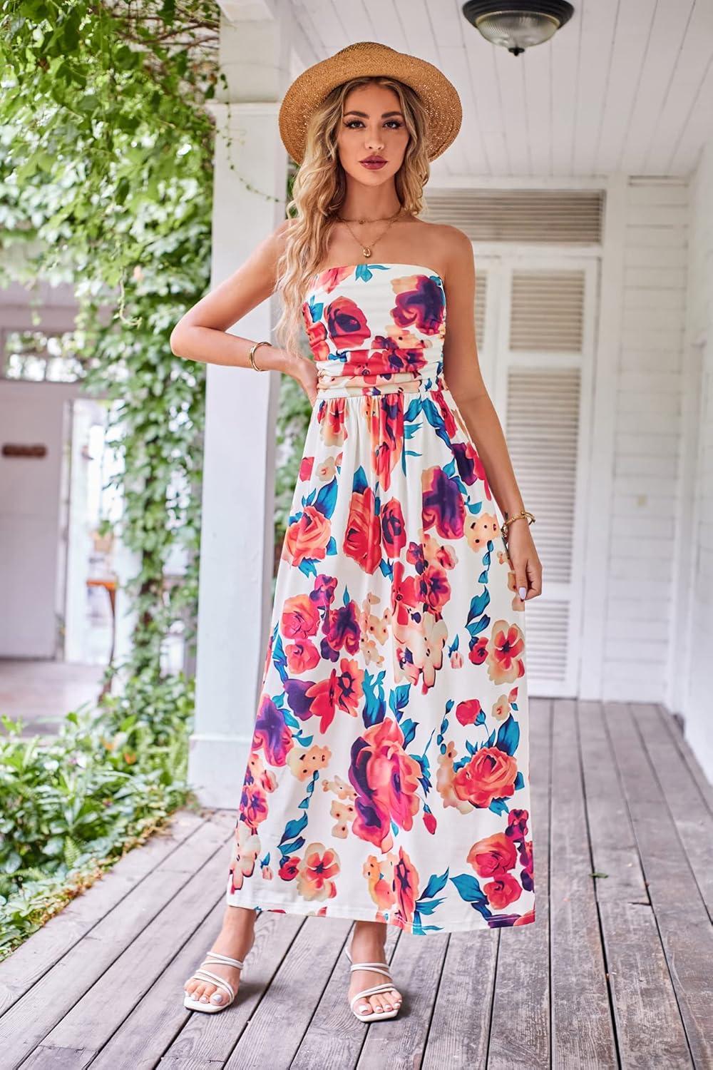imageGRACE KARIN Women Strapless Dress Casual Loose Ruched Long Maxi Dress with PocketsMulticolor Floral