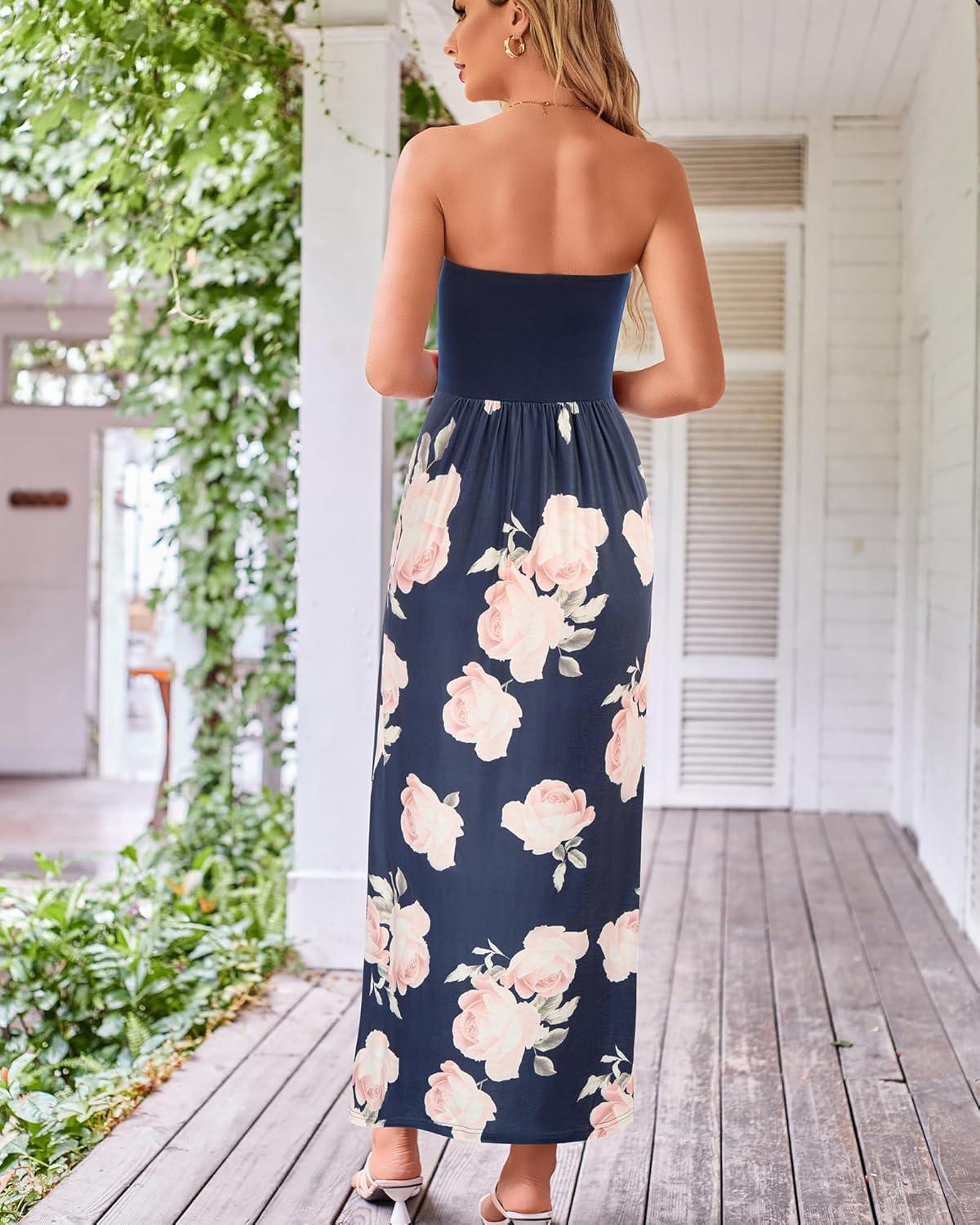 imageGRACE KARIN Women Strapless Dress Casual Loose Ruched Long Maxi Dress with PocketsNavy Pink Flower