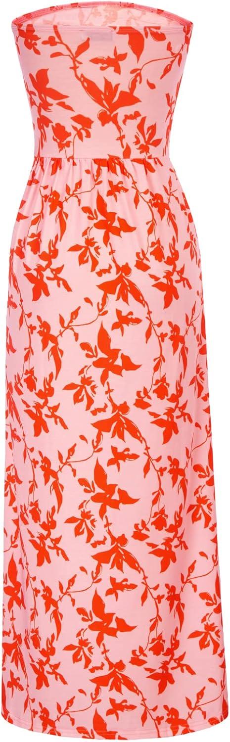 imageGRACE KARIN Women Strapless Dress Casual Loose Ruched Long Maxi Dress with PocketsOrange Leaf