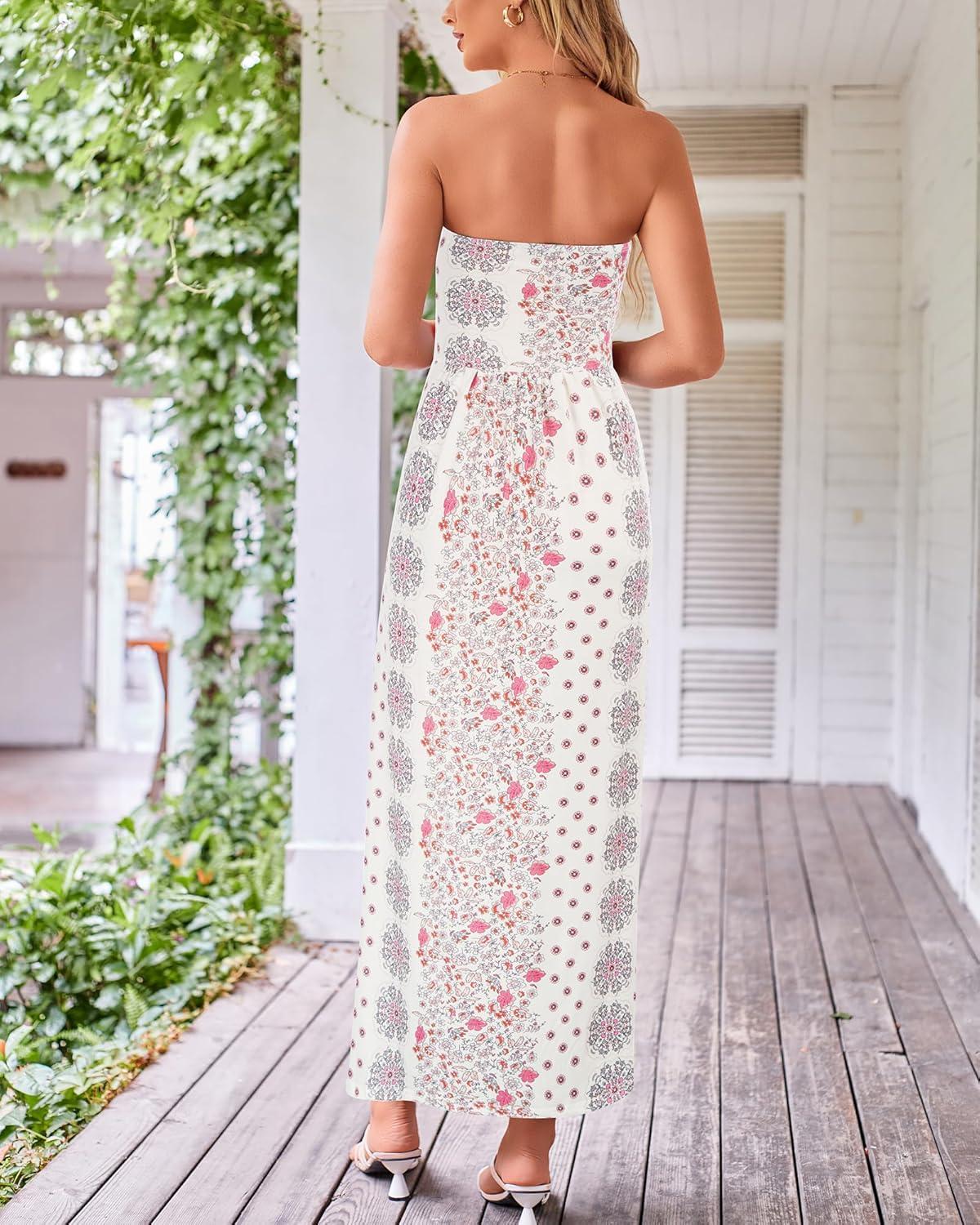 imageGRACE KARIN Women Strapless Dress Casual Loose Ruched Long Maxi Dress with PocketsPink Floral