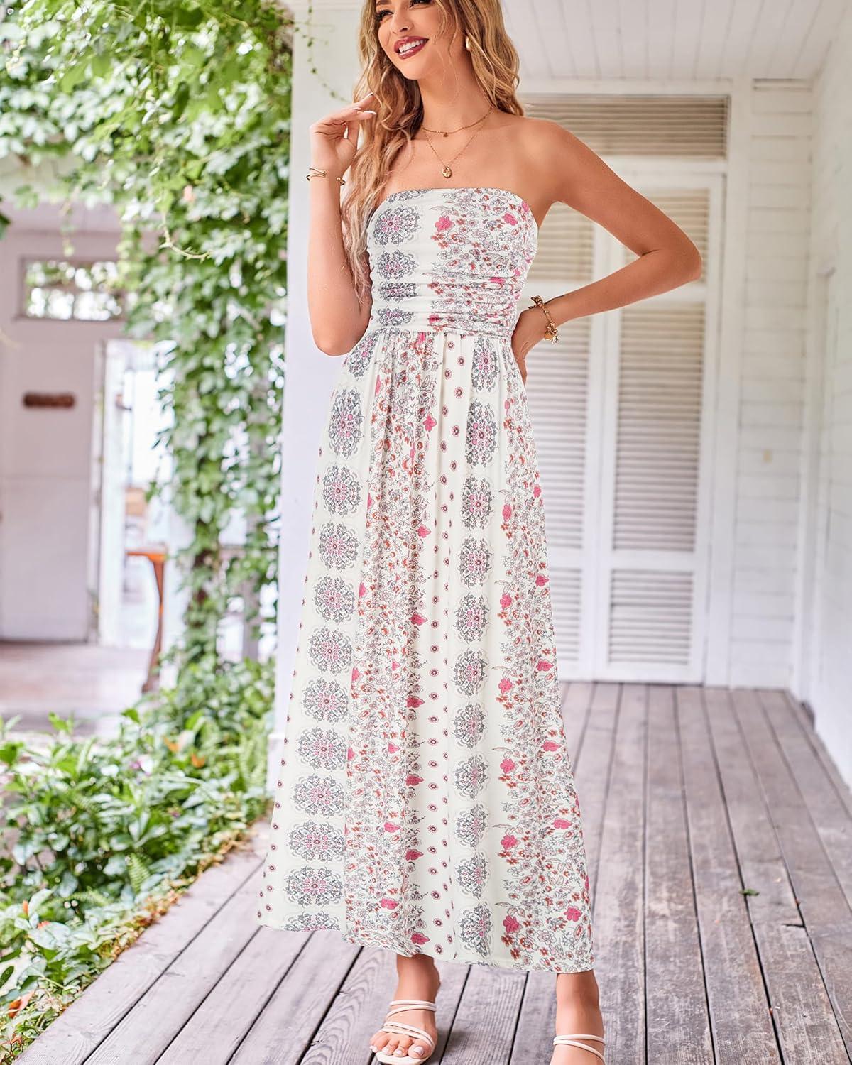 imageGRACE KARIN Women Strapless Dress Casual Loose Ruched Long Maxi Dress with PocketsPink Floral