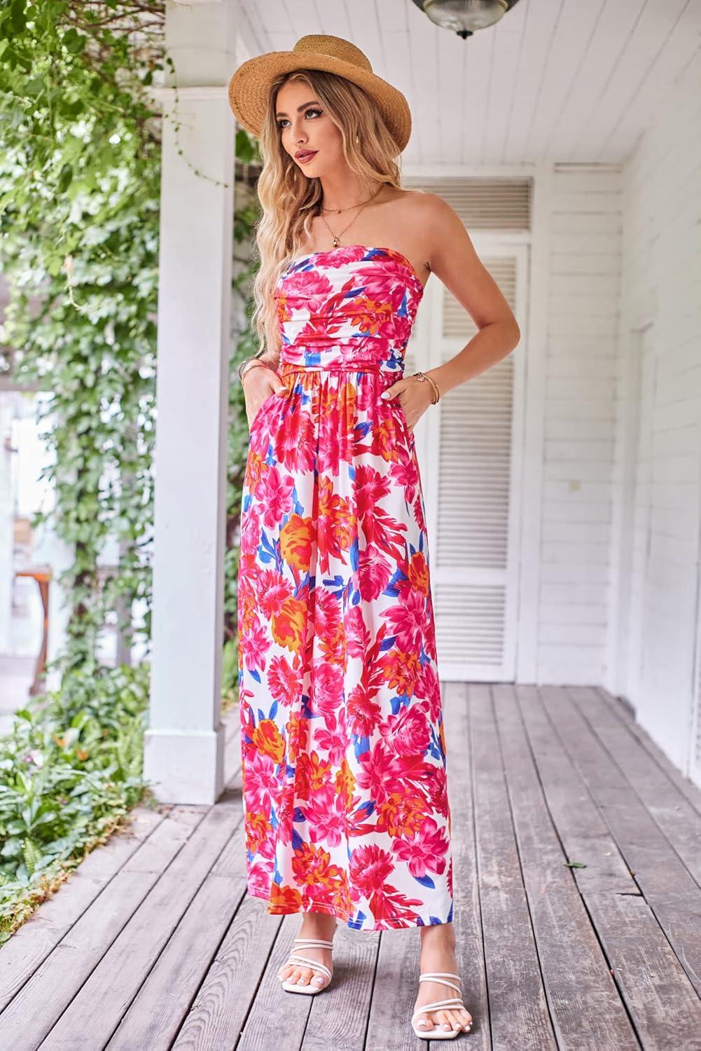 imageGRACE KARIN Women Strapless Dress Casual Loose Ruched Long Maxi Dress with PocketsPink Orange
