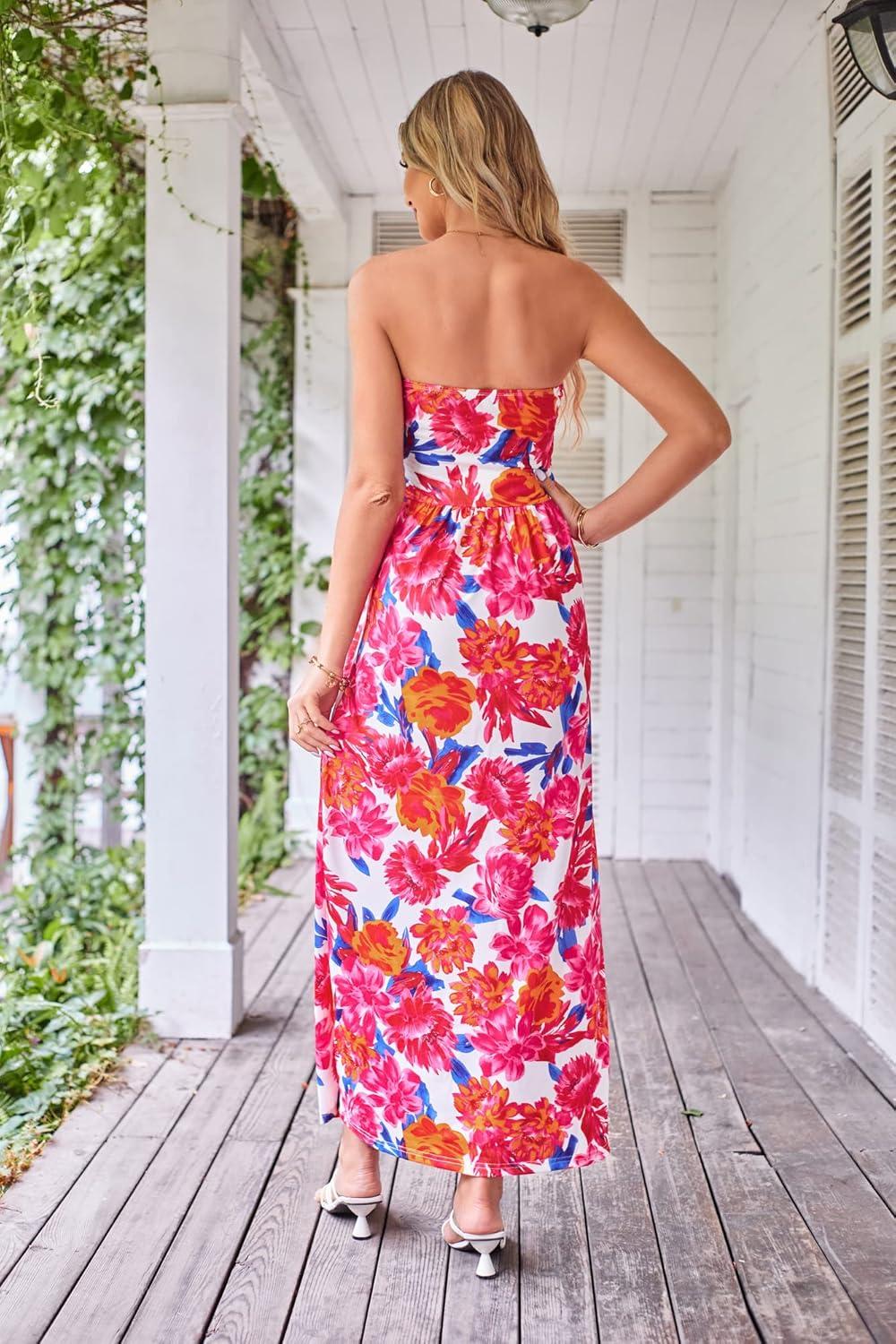 imageGRACE KARIN Women Strapless Dress Casual Loose Ruched Long Maxi Dress with PocketsPink Orange