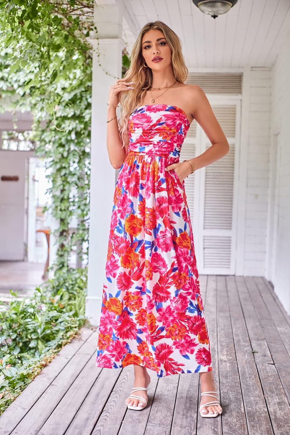 imageGRACE KARIN Women Strapless Dress Casual Loose Ruched Long Maxi Dress with PocketsPink Orange