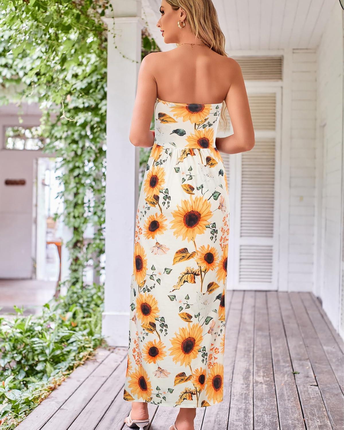 imageGRACE KARIN Women Strapless Dress Casual Loose Ruched Long Maxi Dress with PocketsSunflower