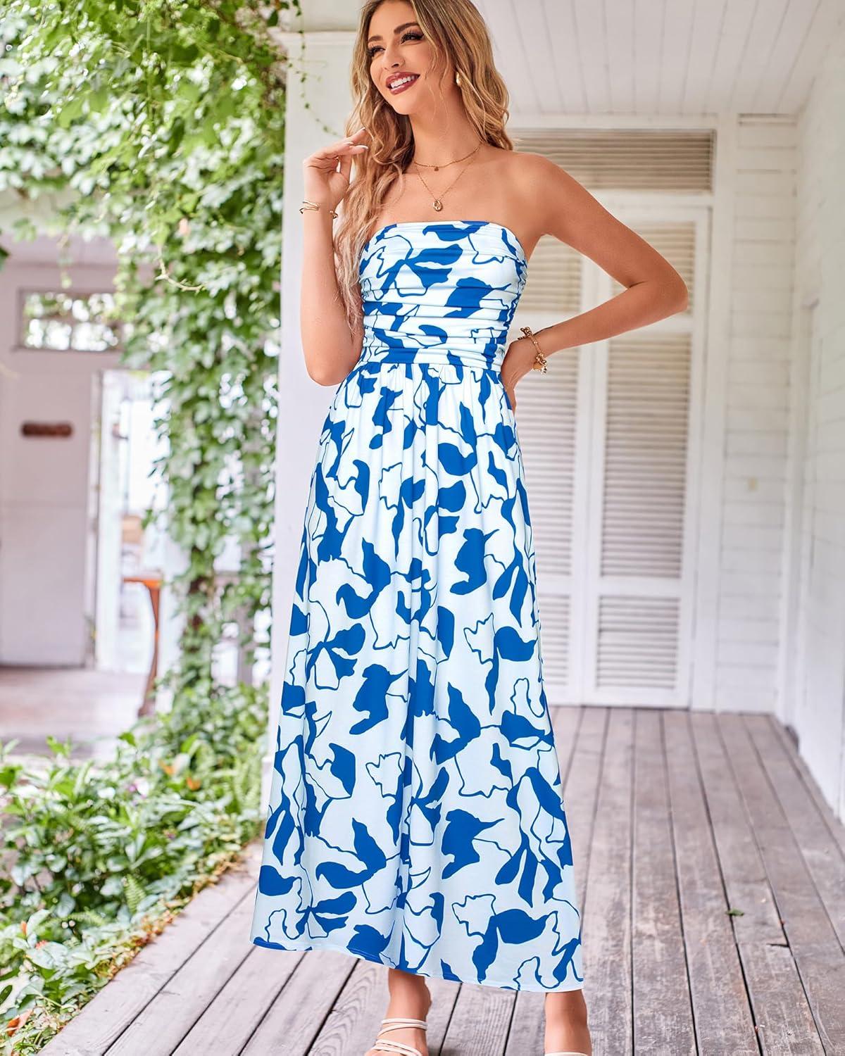 imageGRACE KARIN Women Strapless Dress Casual Loose Ruched Long Maxi Dress with PocketsWhite Blue Floral