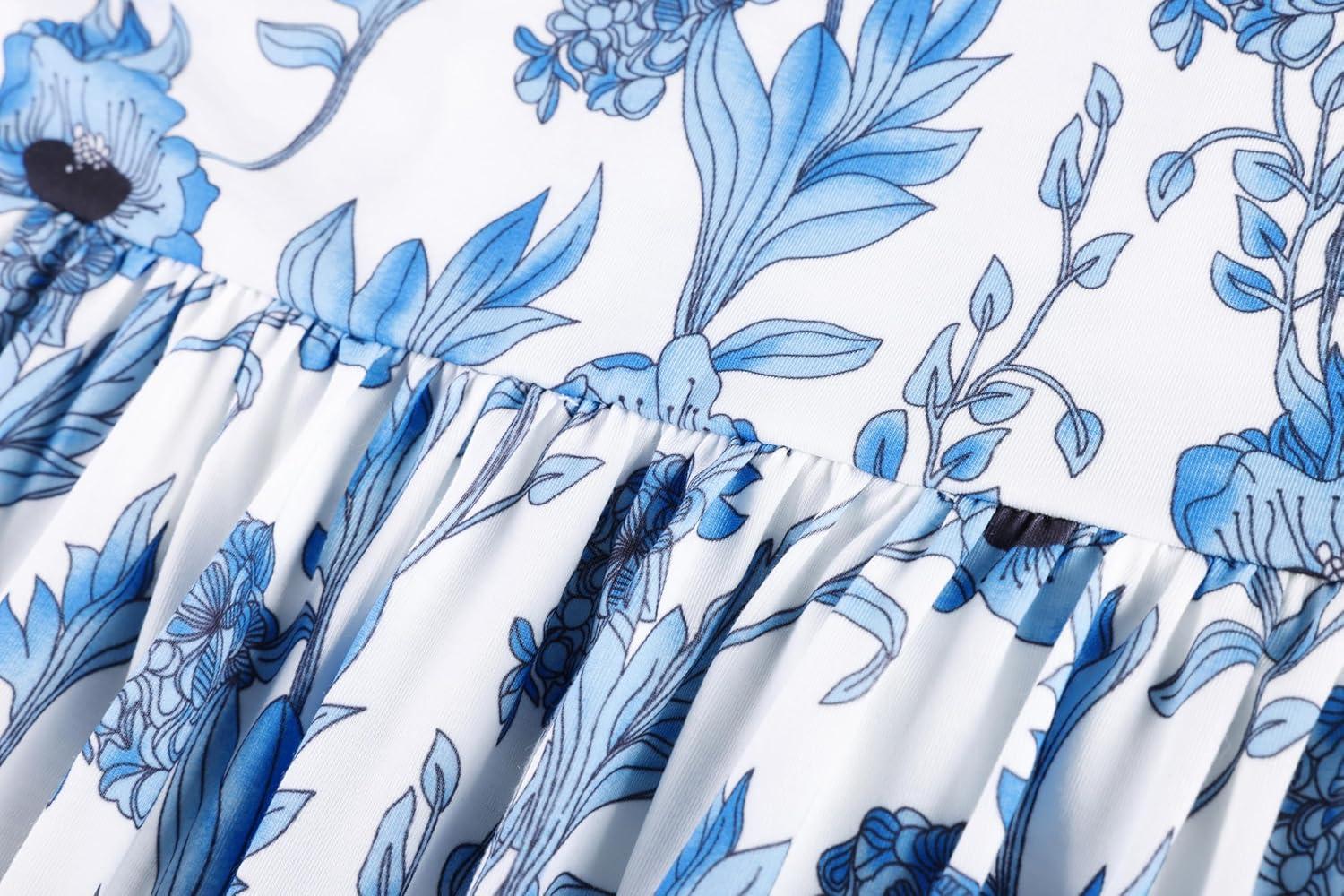 imageGRACE KARIN Women Strapless Dress Casual Loose Ruched Long Maxi Dress with PocketsWhite Blue Flower