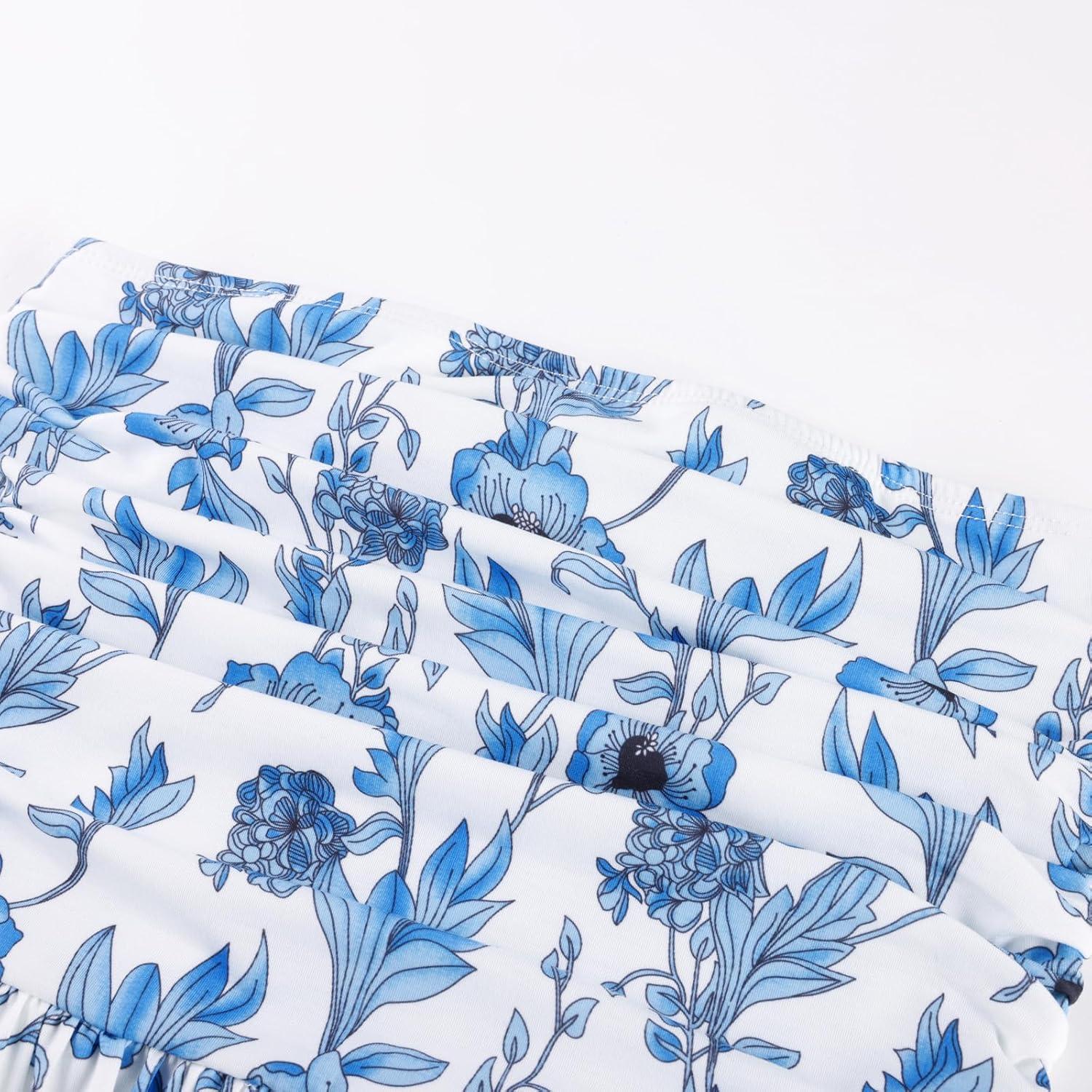 imageGRACE KARIN Women Strapless Dress Casual Loose Ruched Long Maxi Dress with PocketsWhite Blue Flower