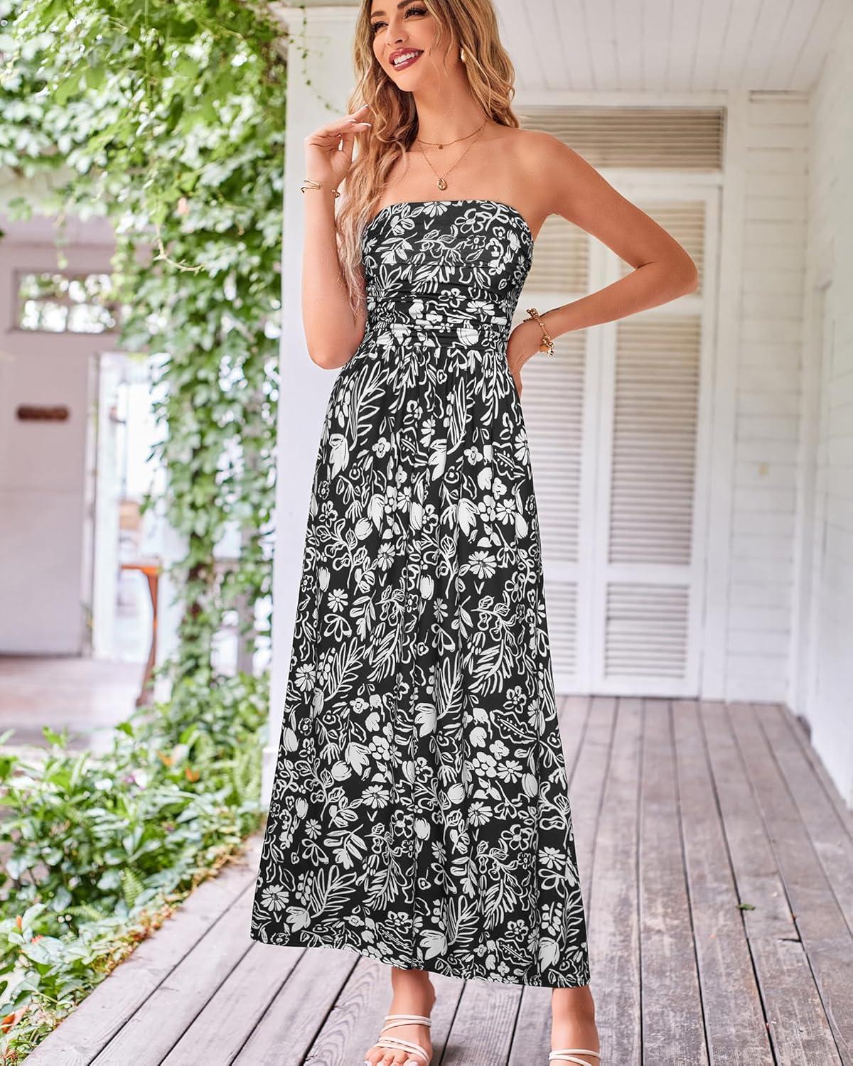 imageGRACE KARIN Women Strapless Dress Casual Loose Ruched Long Maxi Dress with PocketsWhiteblack