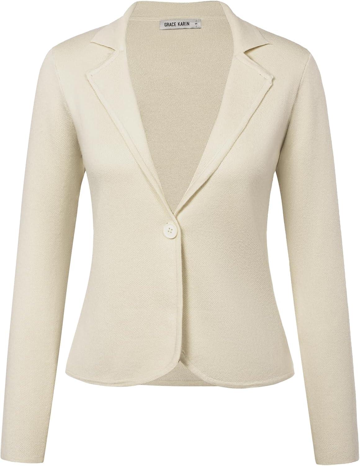 imageGRACE KARIN Women Sweater Blazer Casual Work Croppped Cardigan Lightweight Button Front Short Knit Blazer Jacket SXXLApricot