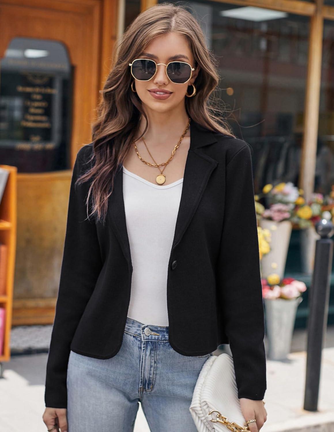 imageGRACE KARIN Women Sweater Blazer Casual Work Croppped Cardigan Lightweight Button Front Short Knit Blazer Jacket SXXLBlack