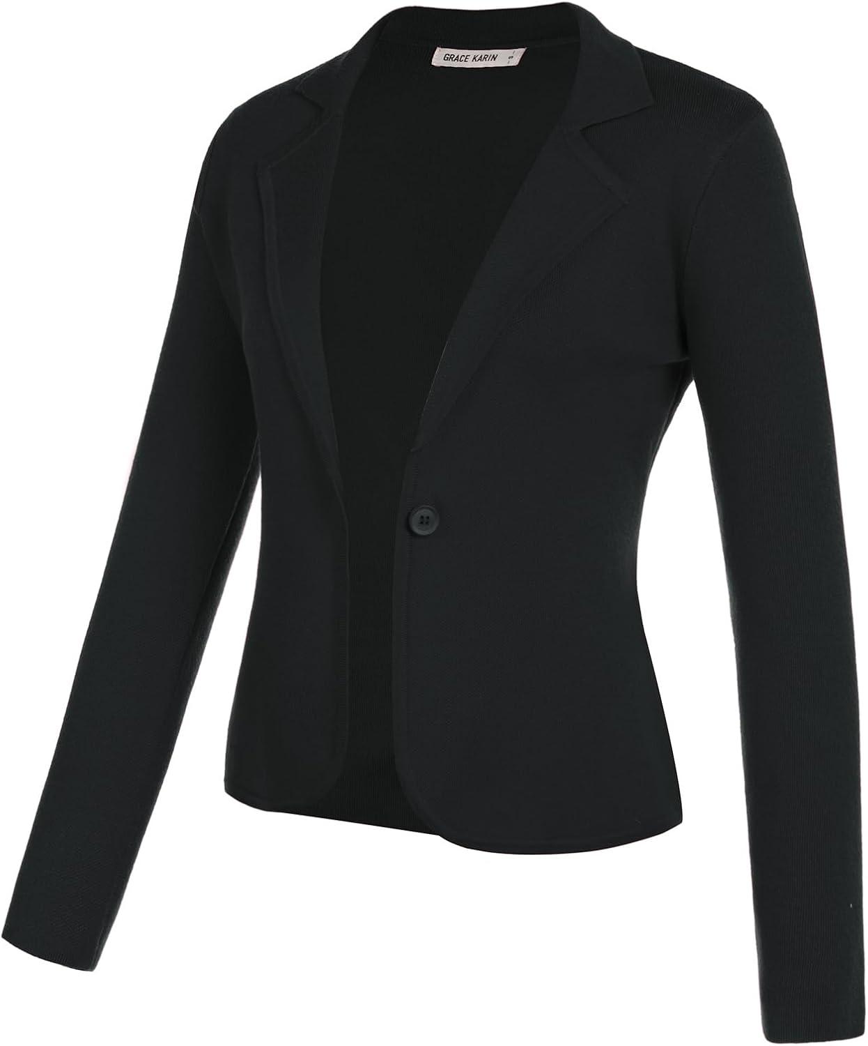 imageGRACE KARIN Women Sweater Blazer Casual Work Croppped Cardigan Lightweight Button Front Short Knit Blazer Jacket SXXLBlack