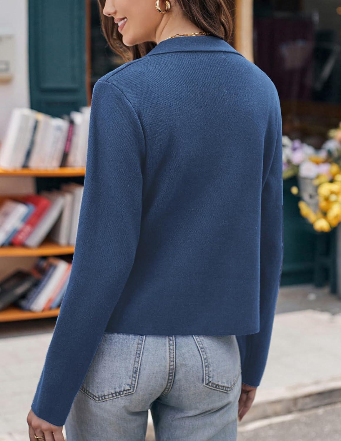 imageGRACE KARIN Women Sweater Blazer Casual Work Croppped Cardigan Lightweight Button Front Short Knit Blazer Jacket SXXLBlue