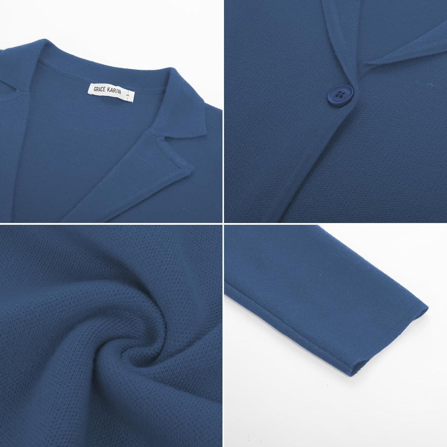 imageGRACE KARIN Women Sweater Blazer Casual Work Croppped Cardigan Lightweight Button Front Short Knit Blazer Jacket SXXLBlue