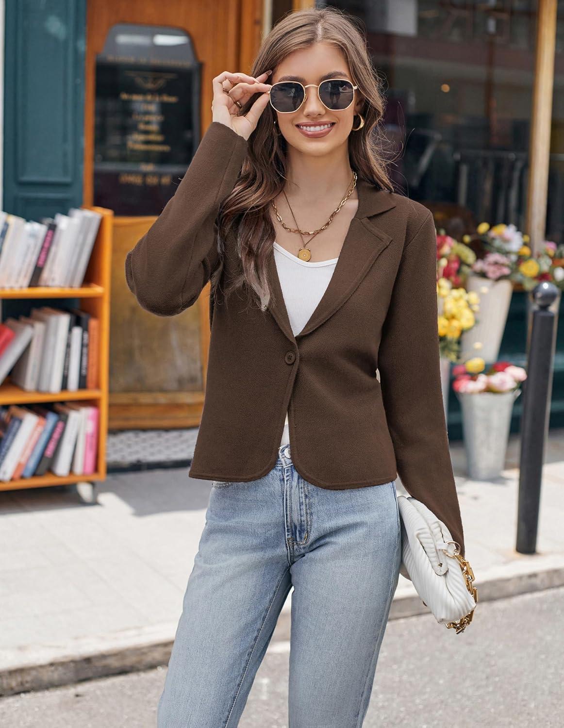 imageGRACE KARIN Women Sweater Blazer Casual Work Croppped Cardigan Lightweight Button Front Short Knit Blazer Jacket SXXLBrown