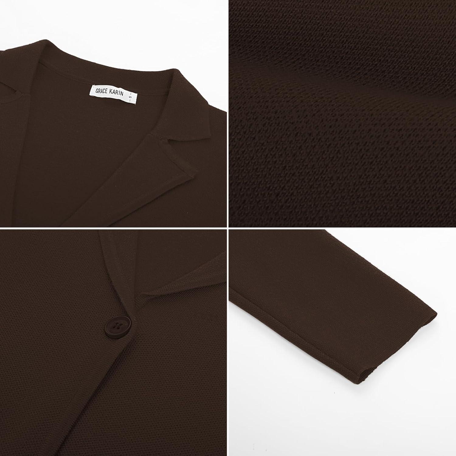 imageGRACE KARIN Women Sweater Blazer Casual Work Croppped Cardigan Lightweight Button Front Short Knit Blazer Jacket SXXLBrown