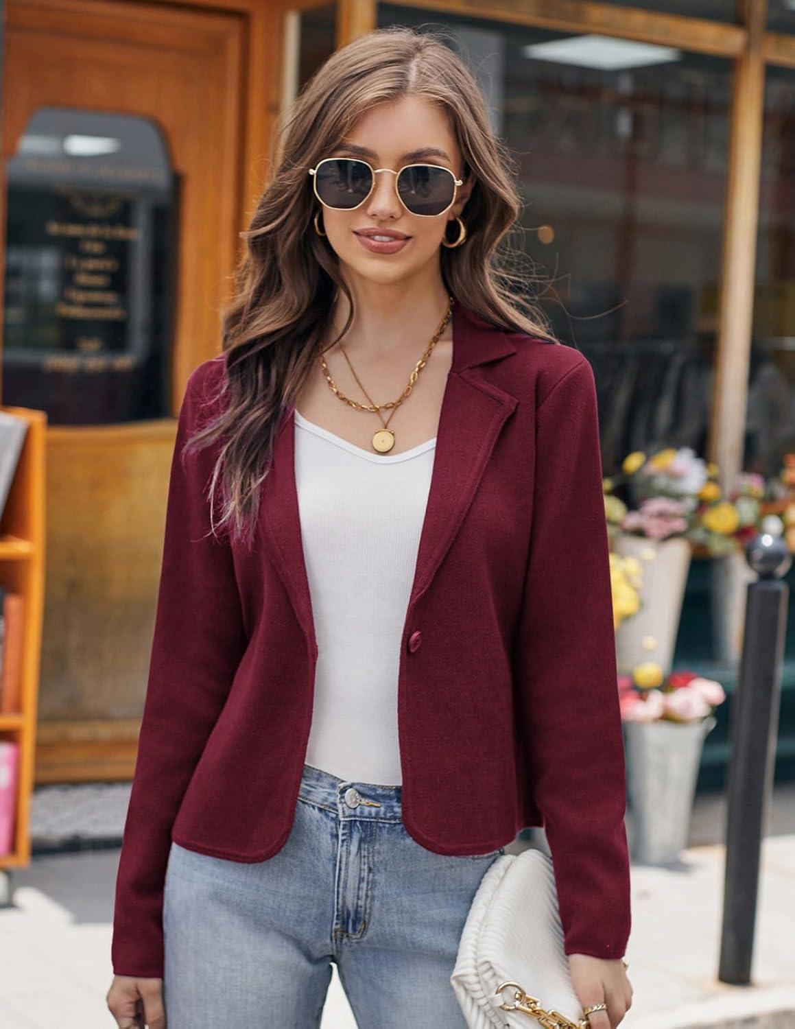 imageGRACE KARIN Women Sweater Blazer Casual Work Croppped Cardigan Lightweight Button Front Short Knit Blazer Jacket SXXLBurgundy