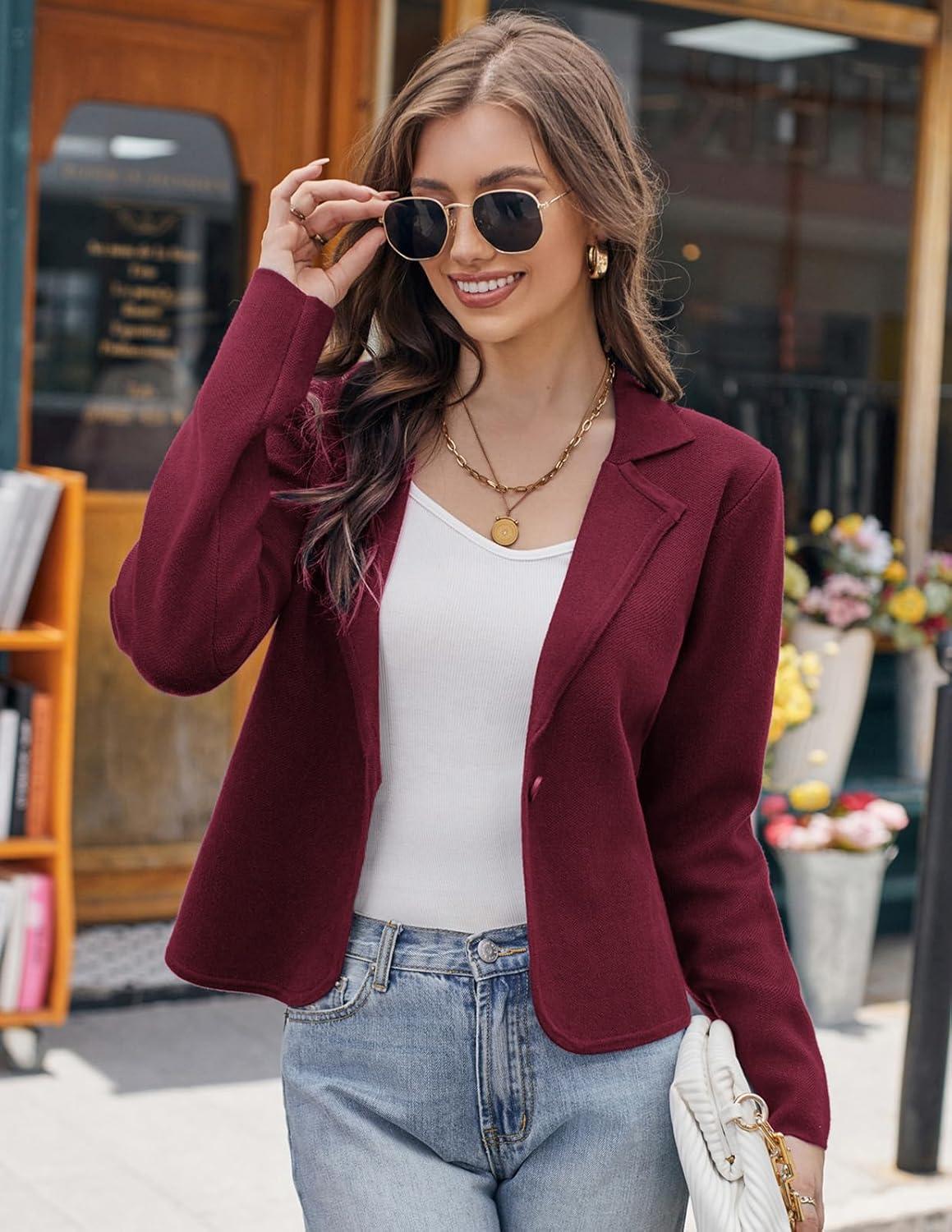imageGRACE KARIN Women Sweater Blazer Casual Work Croppped Cardigan Lightweight Button Front Short Knit Blazer Jacket SXXLBurgundy