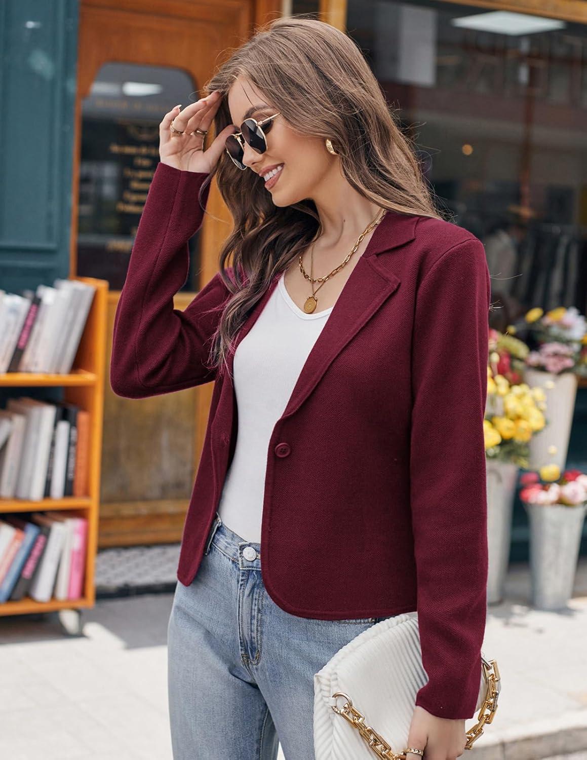 imageGRACE KARIN Women Sweater Blazer Casual Work Croppped Cardigan Lightweight Button Front Short Knit Blazer Jacket SXXLBurgundy