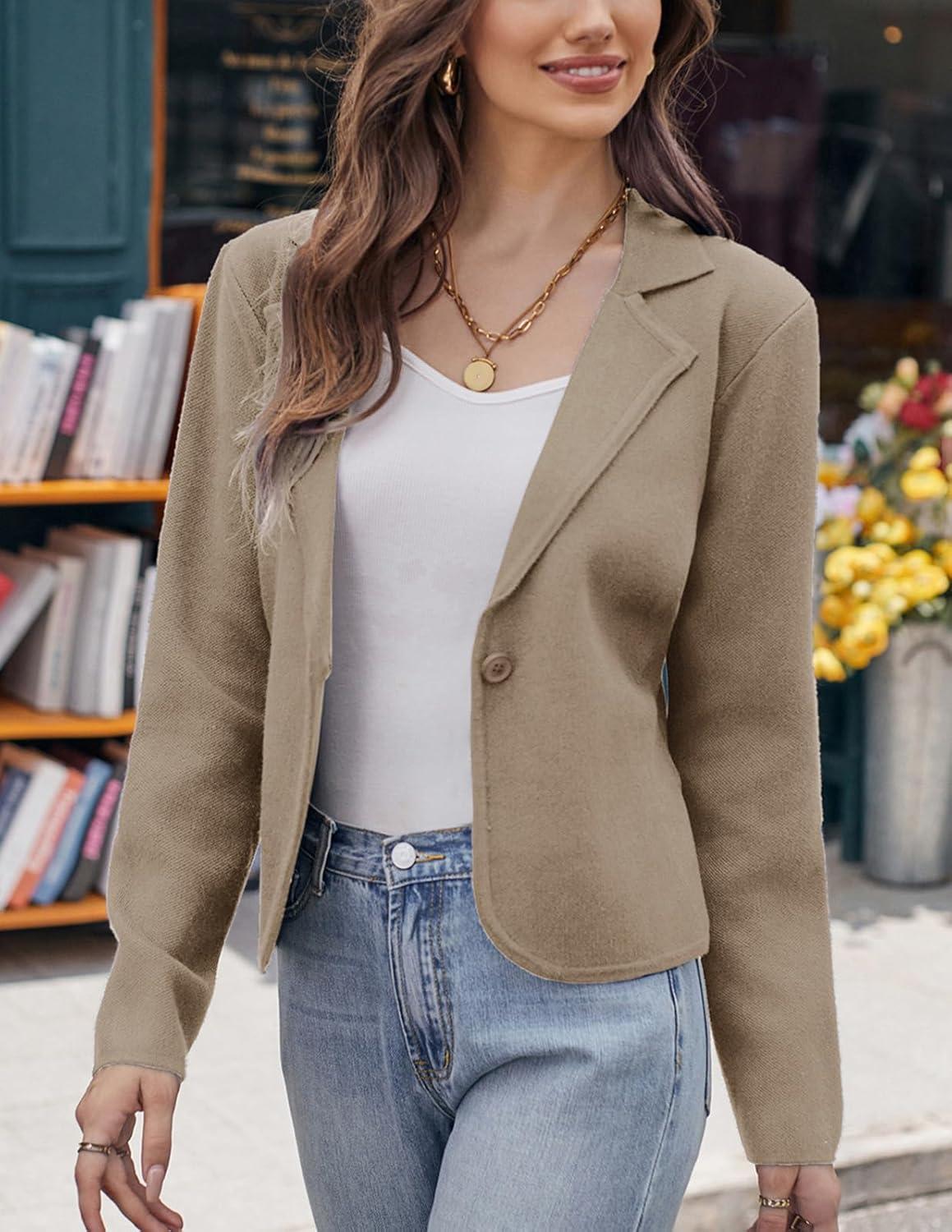 imageGRACE KARIN Women Sweater Blazer Casual Work Croppped Cardigan Lightweight Button Front Short Knit Blazer Jacket SXXLKhaki