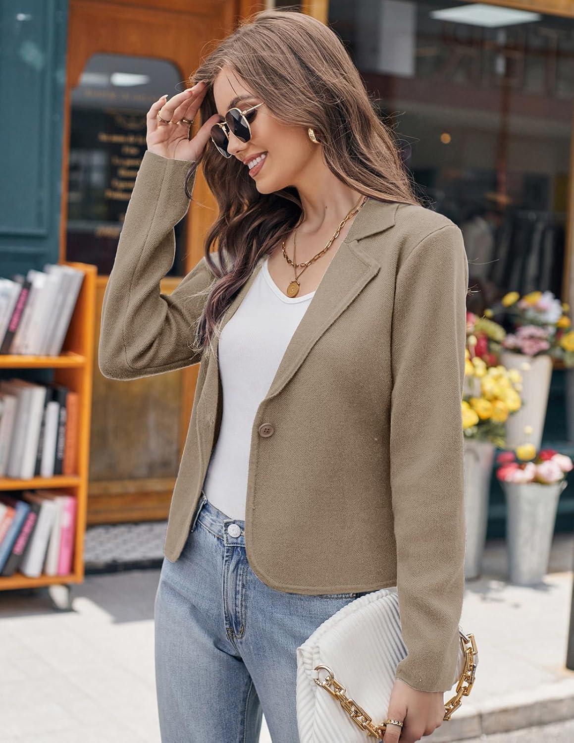 imageGRACE KARIN Women Sweater Blazer Casual Work Croppped Cardigan Lightweight Button Front Short Knit Blazer Jacket SXXLKhaki