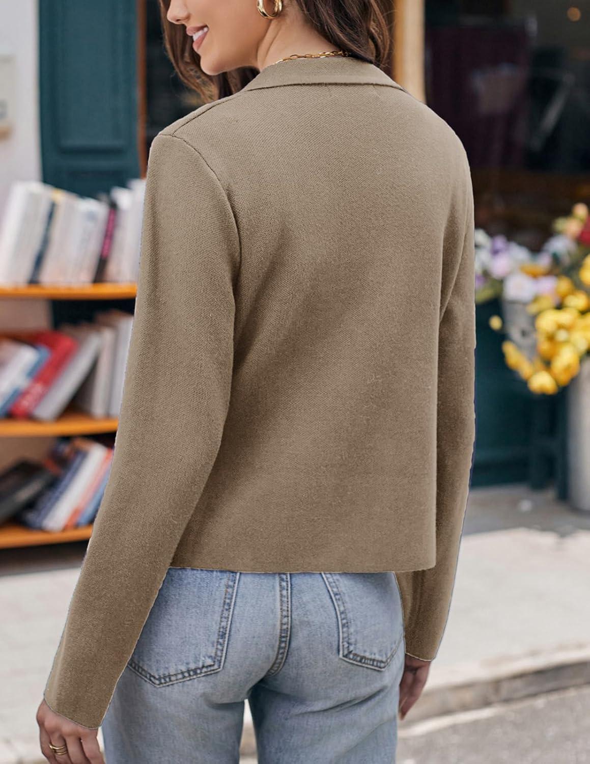 imageGRACE KARIN Women Sweater Blazer Casual Work Croppped Cardigan Lightweight Button Front Short Knit Blazer Jacket SXXLKhaki