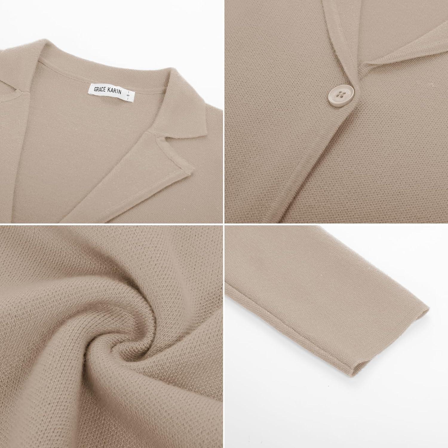 imageGRACE KARIN Women Sweater Blazer Casual Work Croppped Cardigan Lightweight Button Front Short Knit Blazer Jacket SXXLLight Khaki