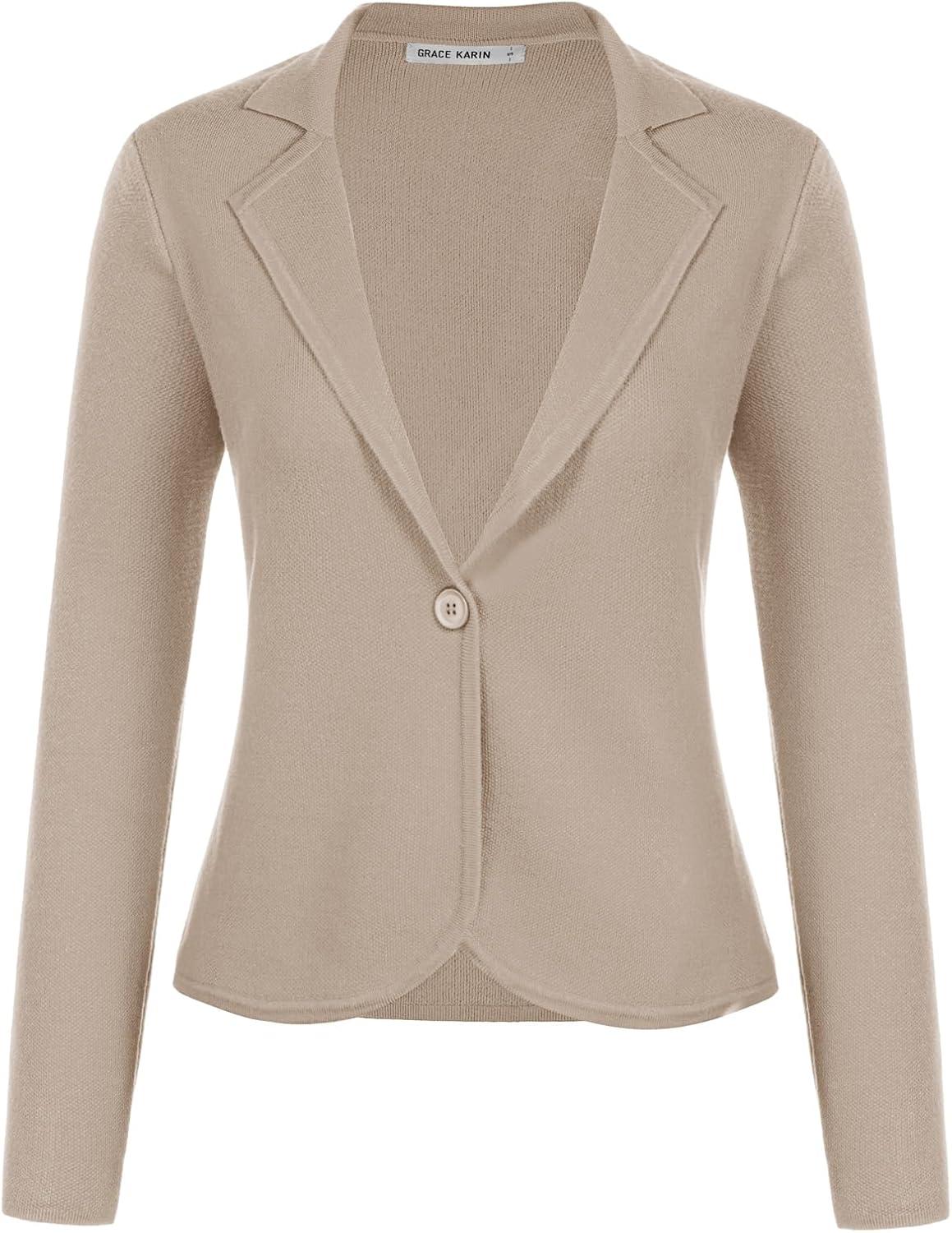 imageGRACE KARIN Women Sweater Blazer Casual Work Croppped Cardigan Lightweight Button Front Short Knit Blazer Jacket SXXLLight Khaki