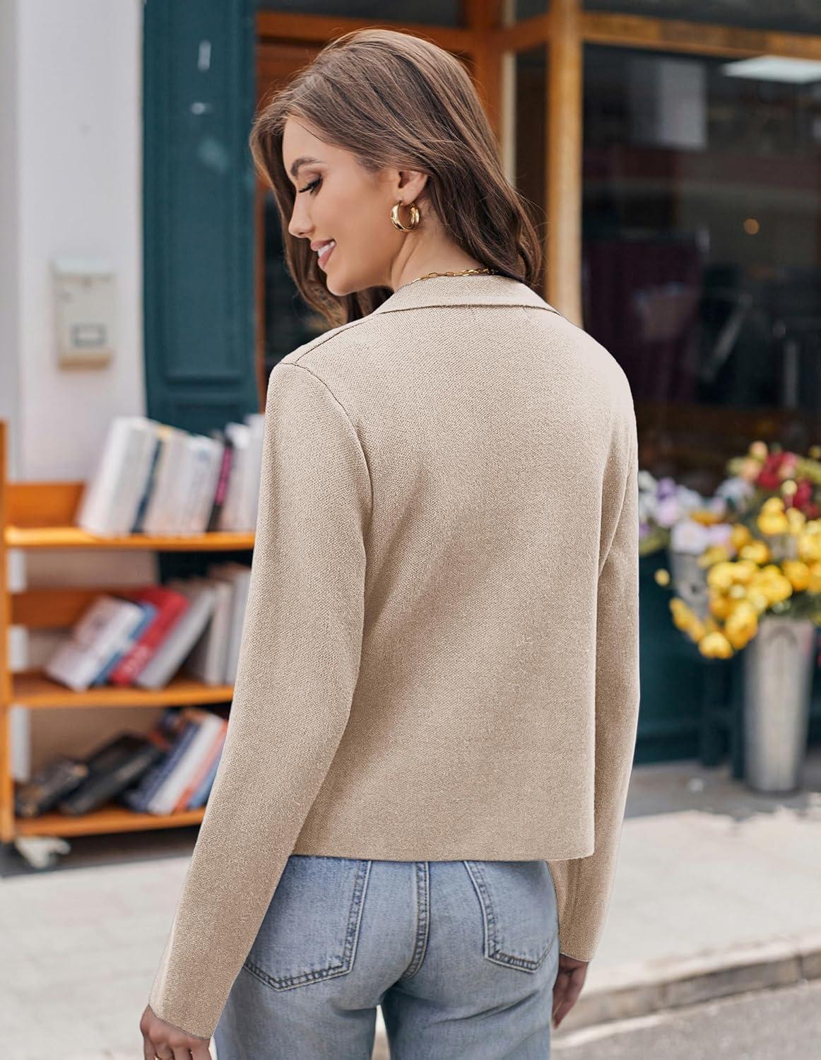 imageGRACE KARIN Women Sweater Blazer Casual Work Croppped Cardigan Lightweight Button Front Short Knit Blazer Jacket SXXLLight Khaki