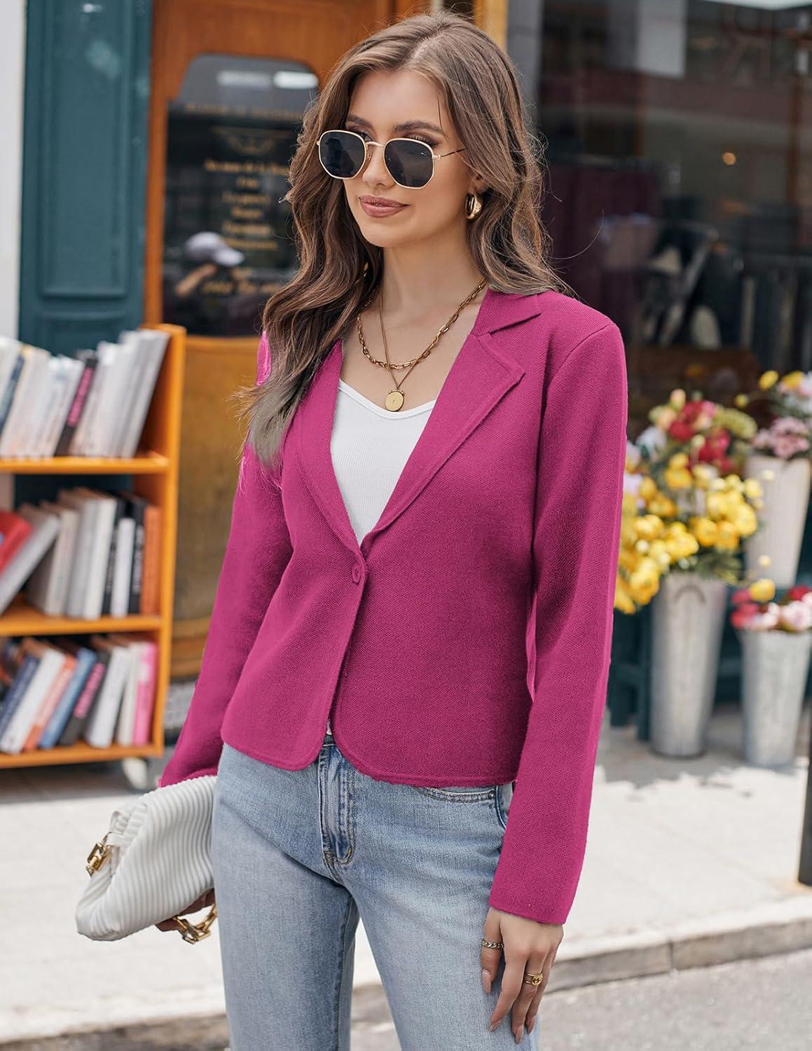 imageGRACE KARIN Women Sweater Blazer Casual Work Croppped Cardigan Lightweight Button Front Short Knit Blazer Jacket SXXLMagenta
