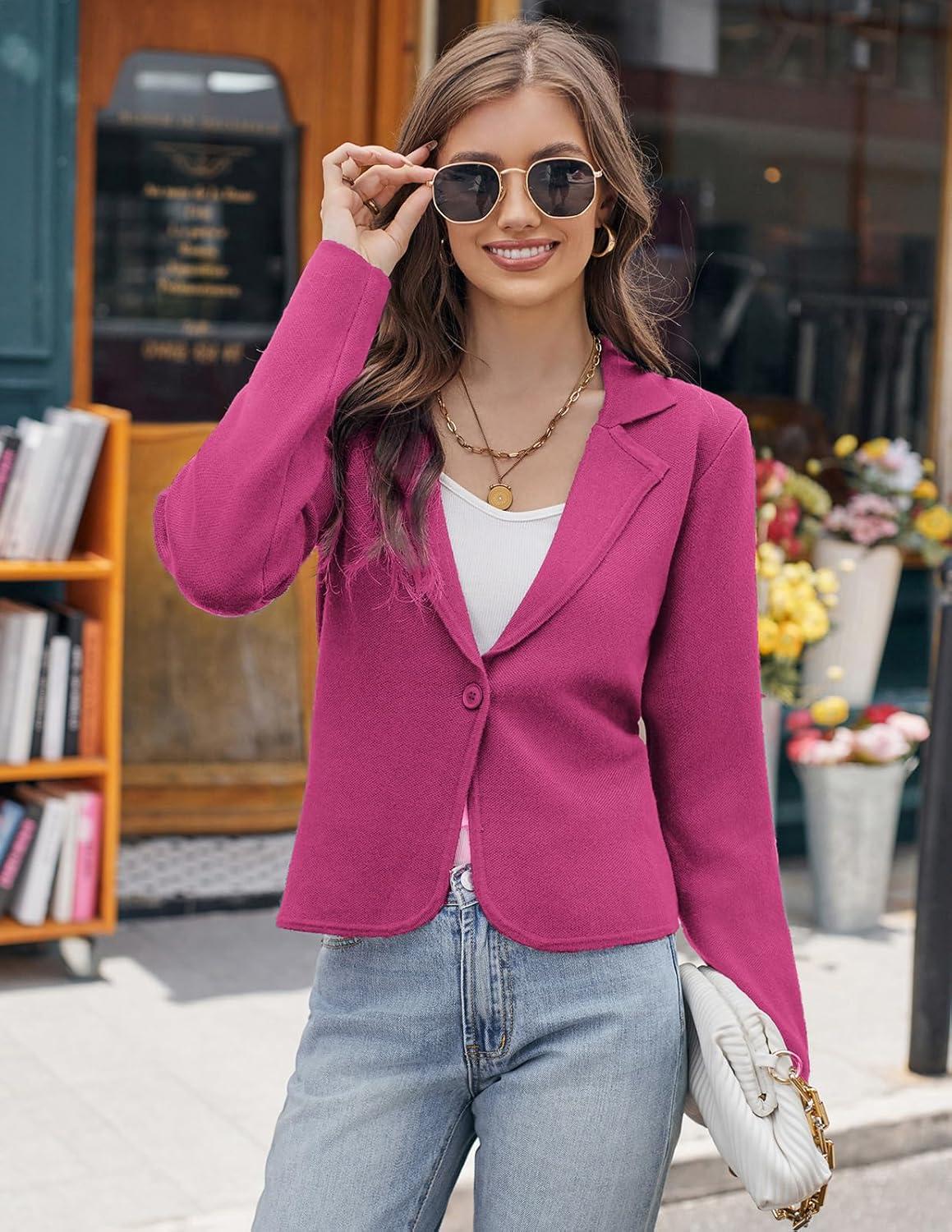 imageGRACE KARIN Women Sweater Blazer Casual Work Croppped Cardigan Lightweight Button Front Short Knit Blazer Jacket SXXLMagenta