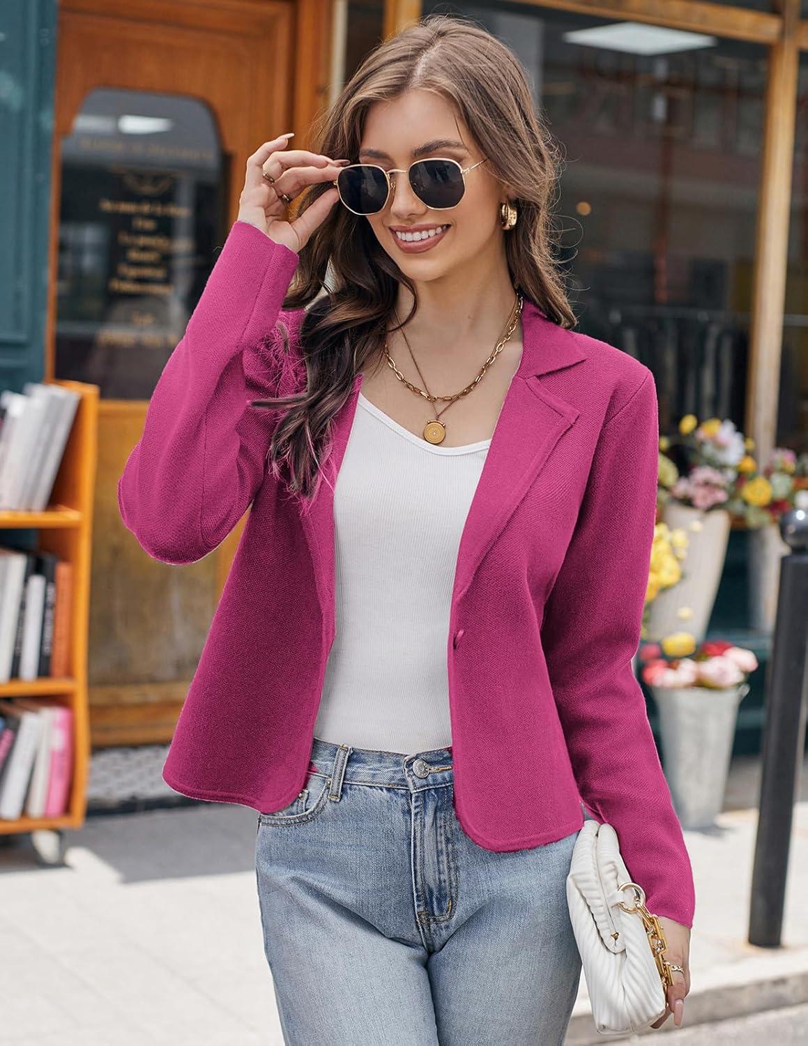 imageGRACE KARIN Women Sweater Blazer Casual Work Croppped Cardigan Lightweight Button Front Short Knit Blazer Jacket SXXLMagenta