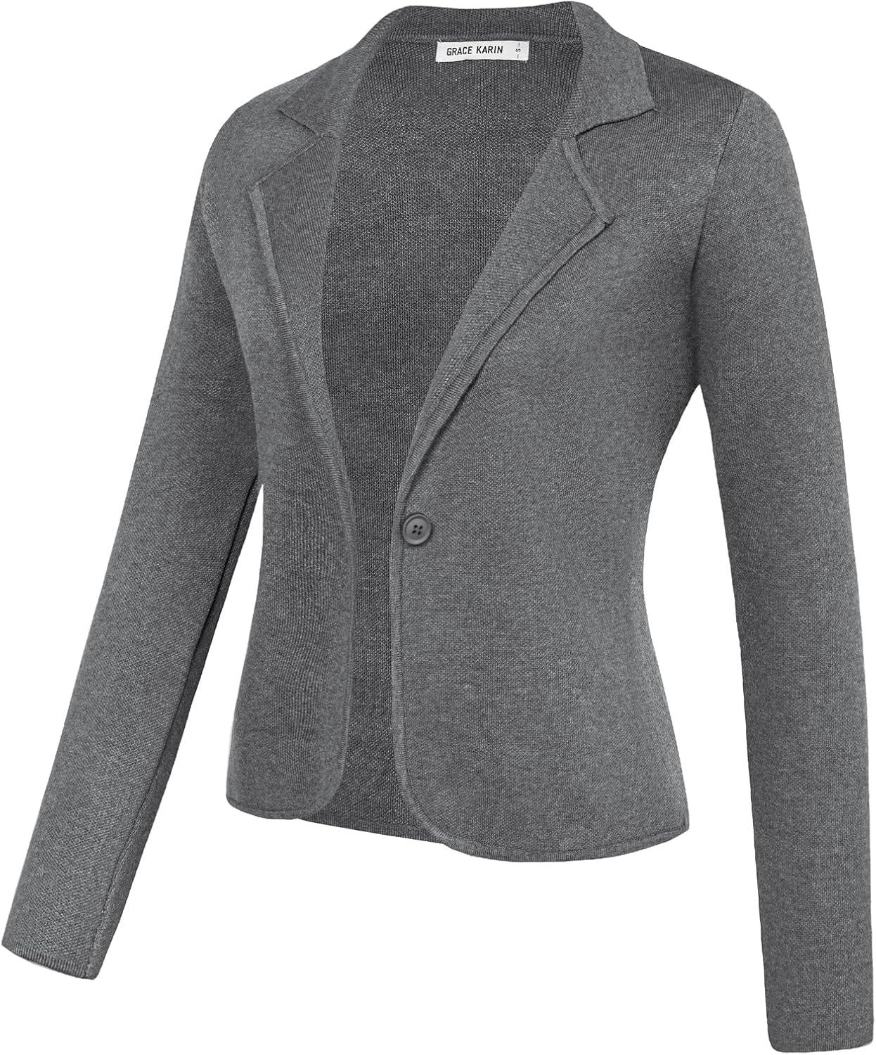 imageGRACE KARIN Women Sweater Blazer Casual Work Croppped Cardigan Lightweight Button Front Short Knit Blazer Jacket SXXLMedium Grey