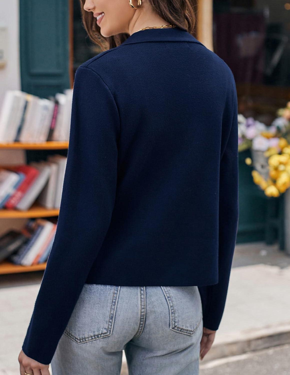 imageGRACE KARIN Women Sweater Blazer Casual Work Croppped Cardigan Lightweight Button Front Short Knit Blazer Jacket SXXLNavy Blue