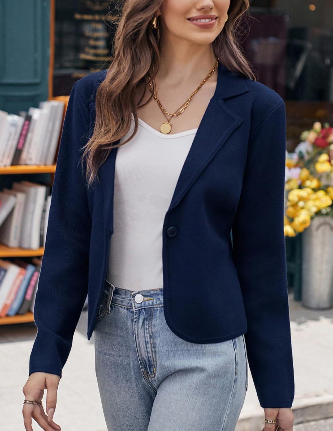 imageGRACE KARIN Women Sweater Blazer Casual Work Croppped Cardigan Lightweight Button Front Short Knit Blazer Jacket SXXLNavy Blue