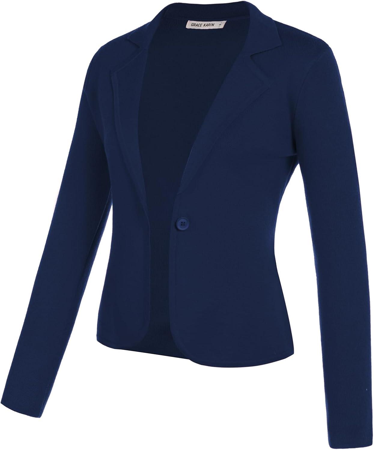 imageGRACE KARIN Women Sweater Blazer Casual Work Croppped Cardigan Lightweight Button Front Short Knit Blazer Jacket SXXLNavy Blue