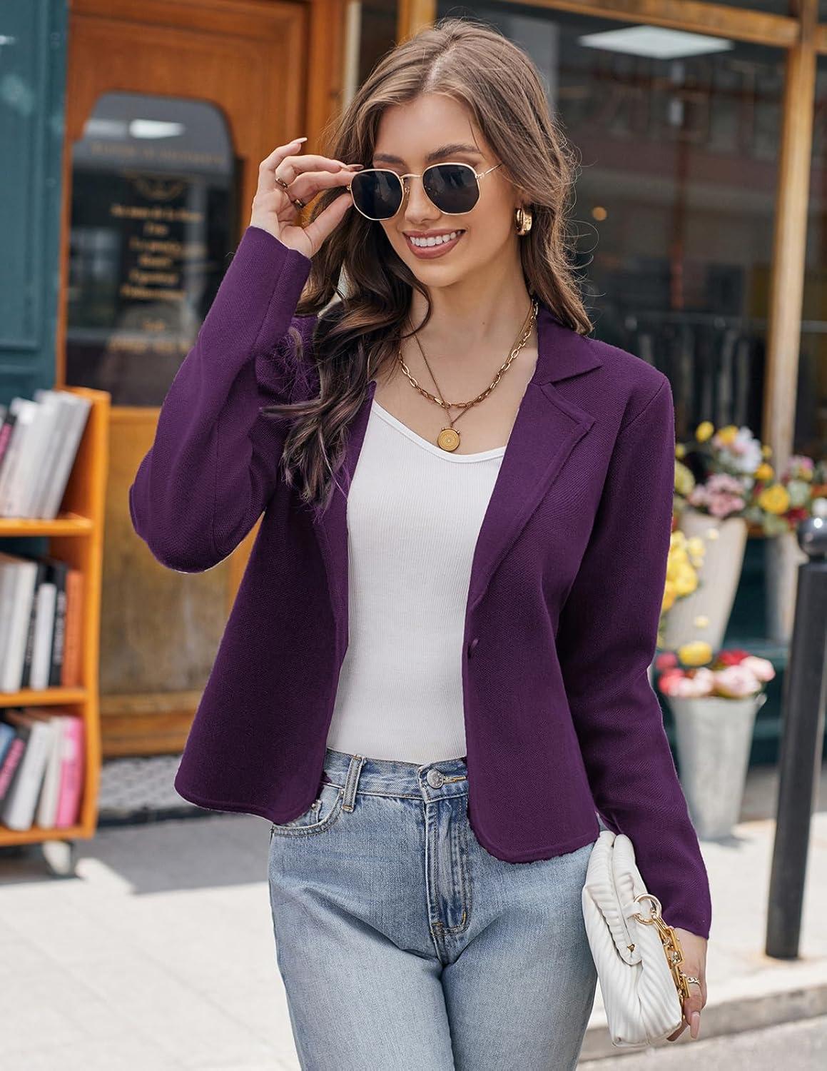 imageGRACE KARIN Women Sweater Blazer Casual Work Croppped Cardigan Lightweight Button Front Short Knit Blazer Jacket SXXLPurple