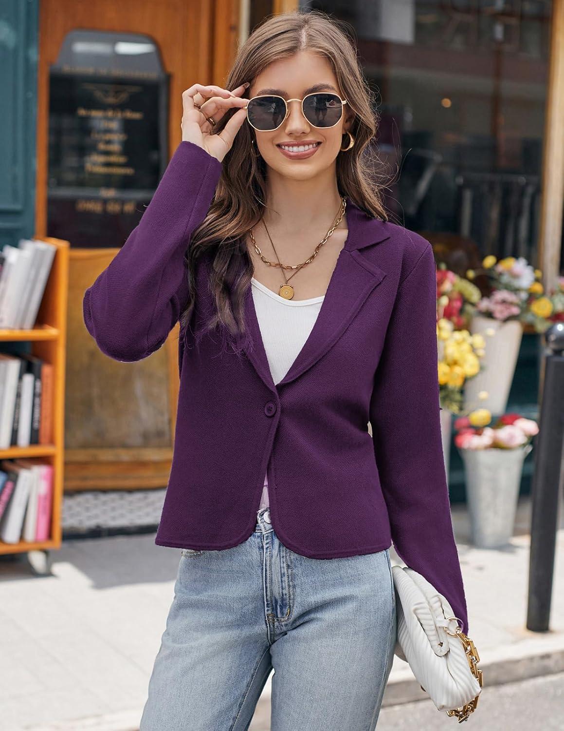imageGRACE KARIN Women Sweater Blazer Casual Work Croppped Cardigan Lightweight Button Front Short Knit Blazer Jacket SXXLPurple