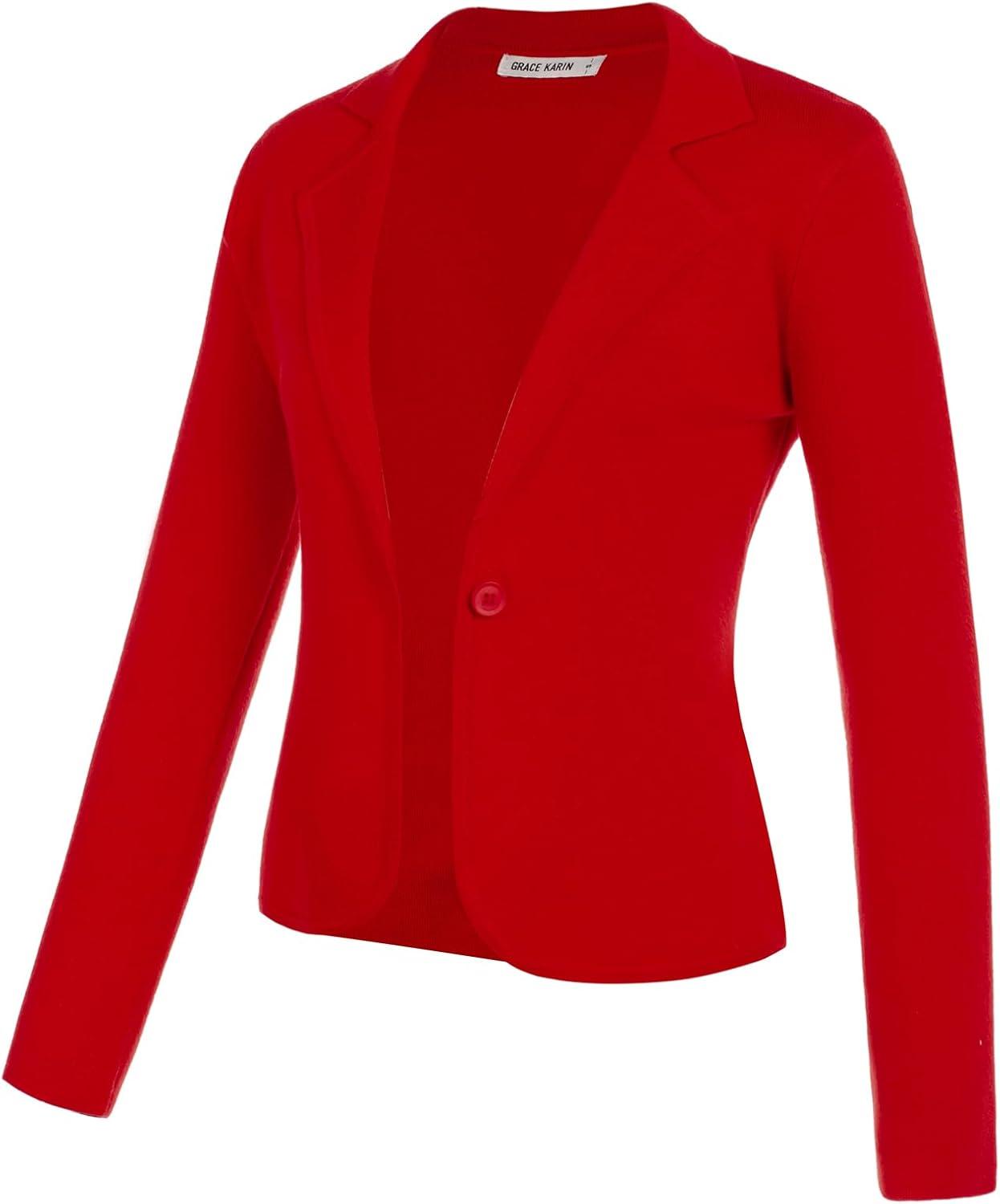 imageGRACE KARIN Women Sweater Blazer Casual Work Croppped Cardigan Lightweight Button Front Short Knit Blazer Jacket SXXLRed