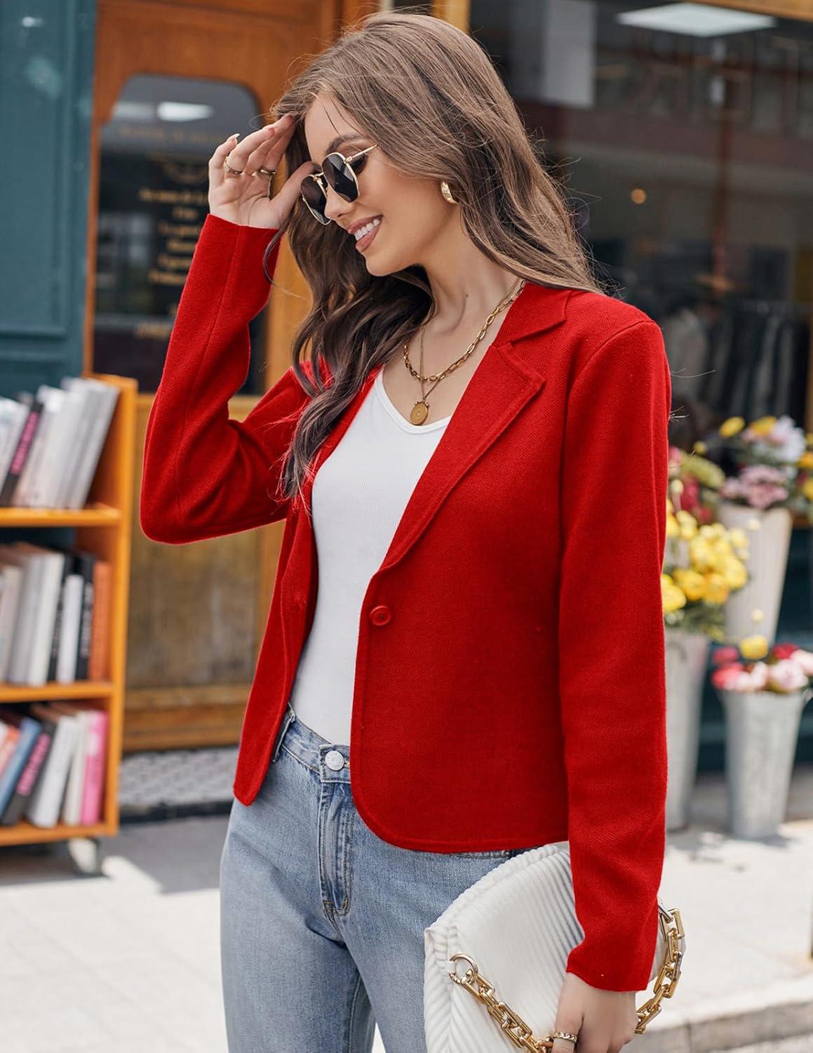 imageGRACE KARIN Women Sweater Blazer Casual Work Croppped Cardigan Lightweight Button Front Short Knit Blazer Jacket SXXLRed