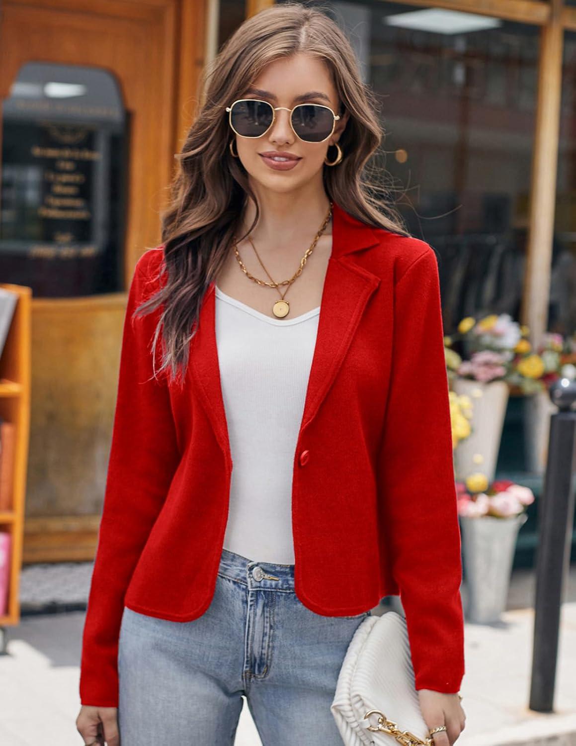 imageGRACE KARIN Women Sweater Blazer Casual Work Croppped Cardigan Lightweight Button Front Short Knit Blazer Jacket SXXLRed