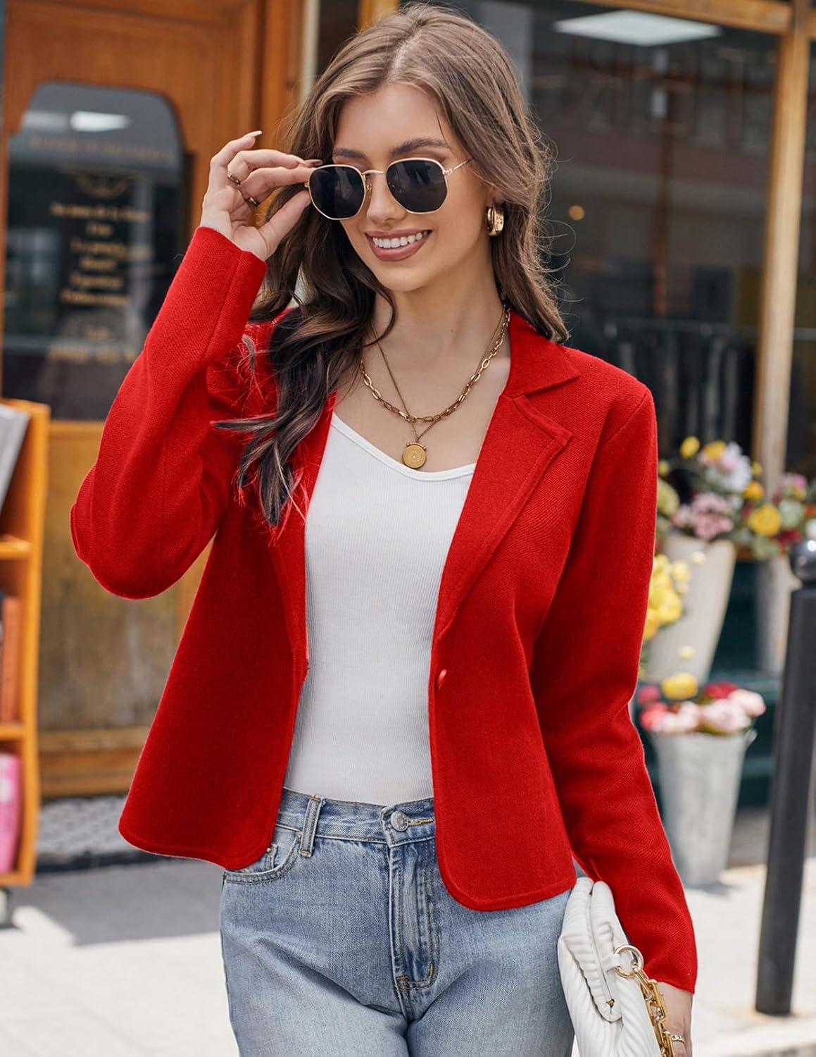 imageGRACE KARIN Women Sweater Blazer Casual Work Croppped Cardigan Lightweight Button Front Short Knit Blazer Jacket SXXLRed