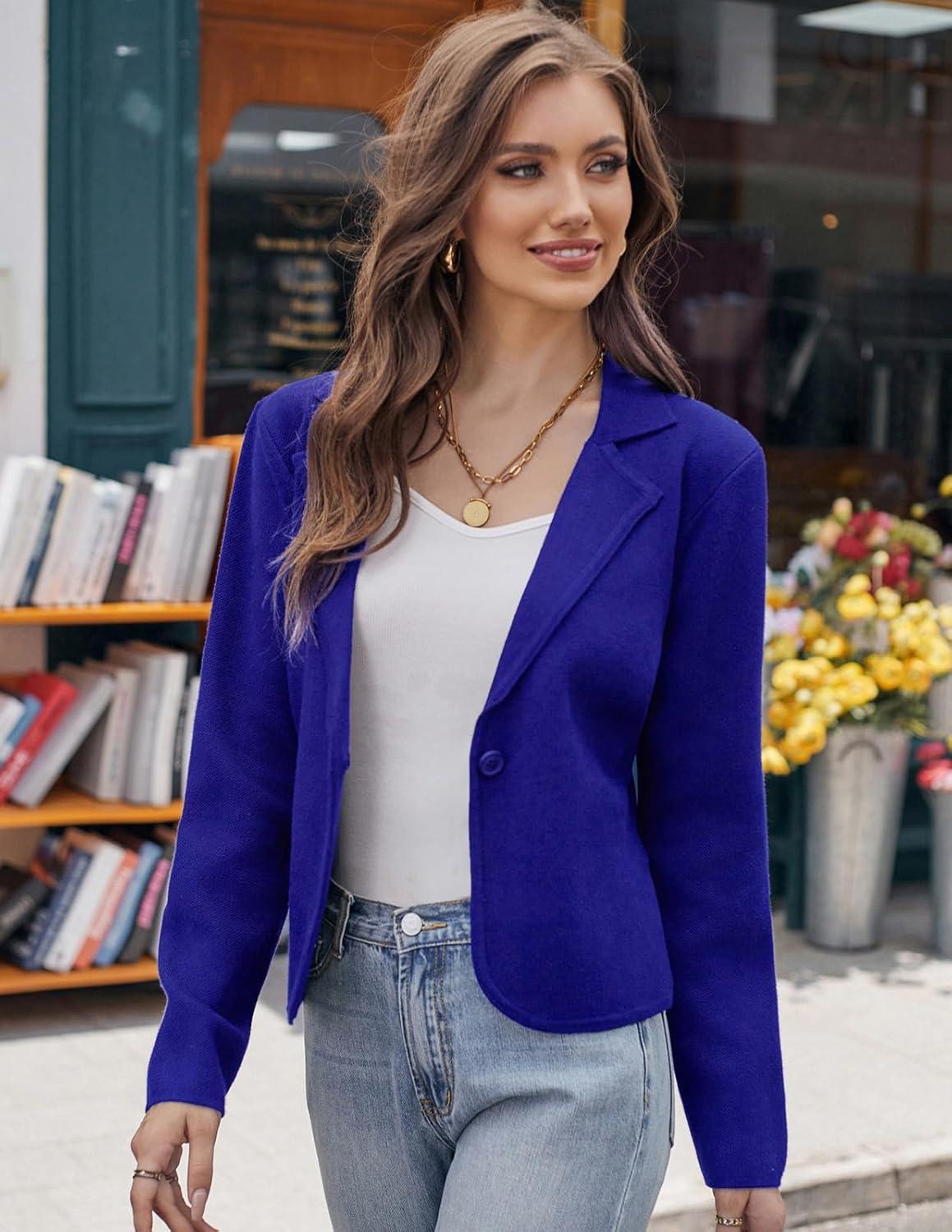 imageGRACE KARIN Women Sweater Blazer Casual Work Croppped Cardigan Lightweight Button Front Short Knit Blazer Jacket SXXLRoyal Blue