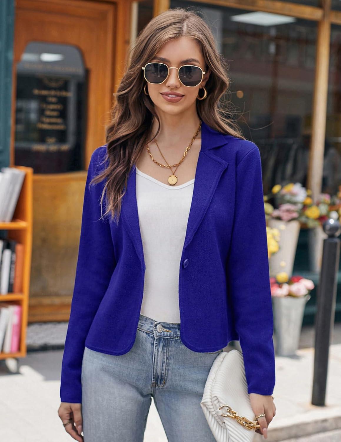 imageGRACE KARIN Women Sweater Blazer Casual Work Croppped Cardigan Lightweight Button Front Short Knit Blazer Jacket SXXLRoyal Blue